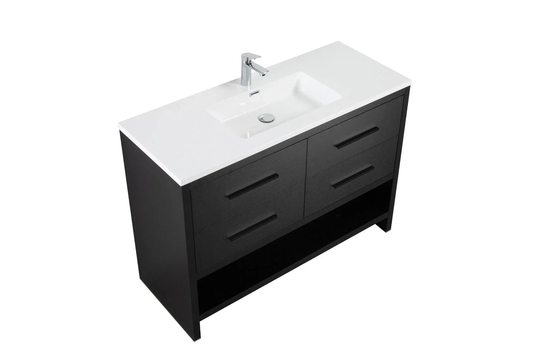 48" Black Rough Oak Freestanding Bathroom Vanity with White Polymarble Countertop-Migration_Bathroom Vanities-DECOROLALA