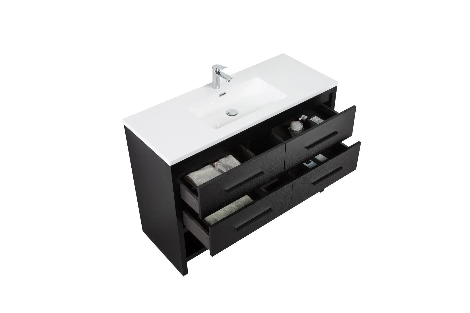 48" Black Rough Oak Freestanding Bathroom Vanity with White Polymarble Countertop-Migration_Bathroom Vanities-DECOROLALA
