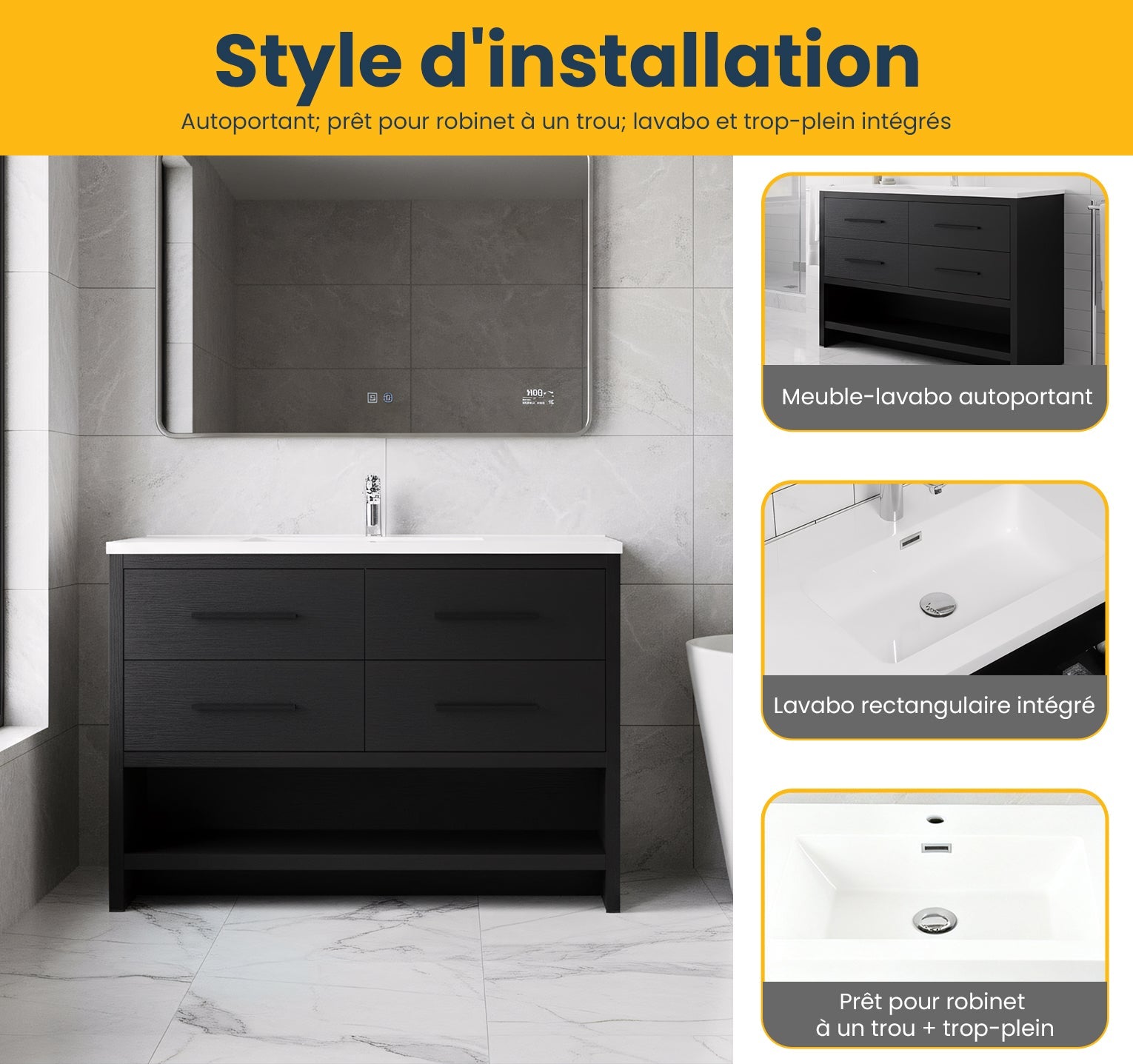 48" Black Rough Oak Freestanding Bathroom Vanity with White Polymarble Countertop-Migration_Bathroom Vanities-DECOROLALA