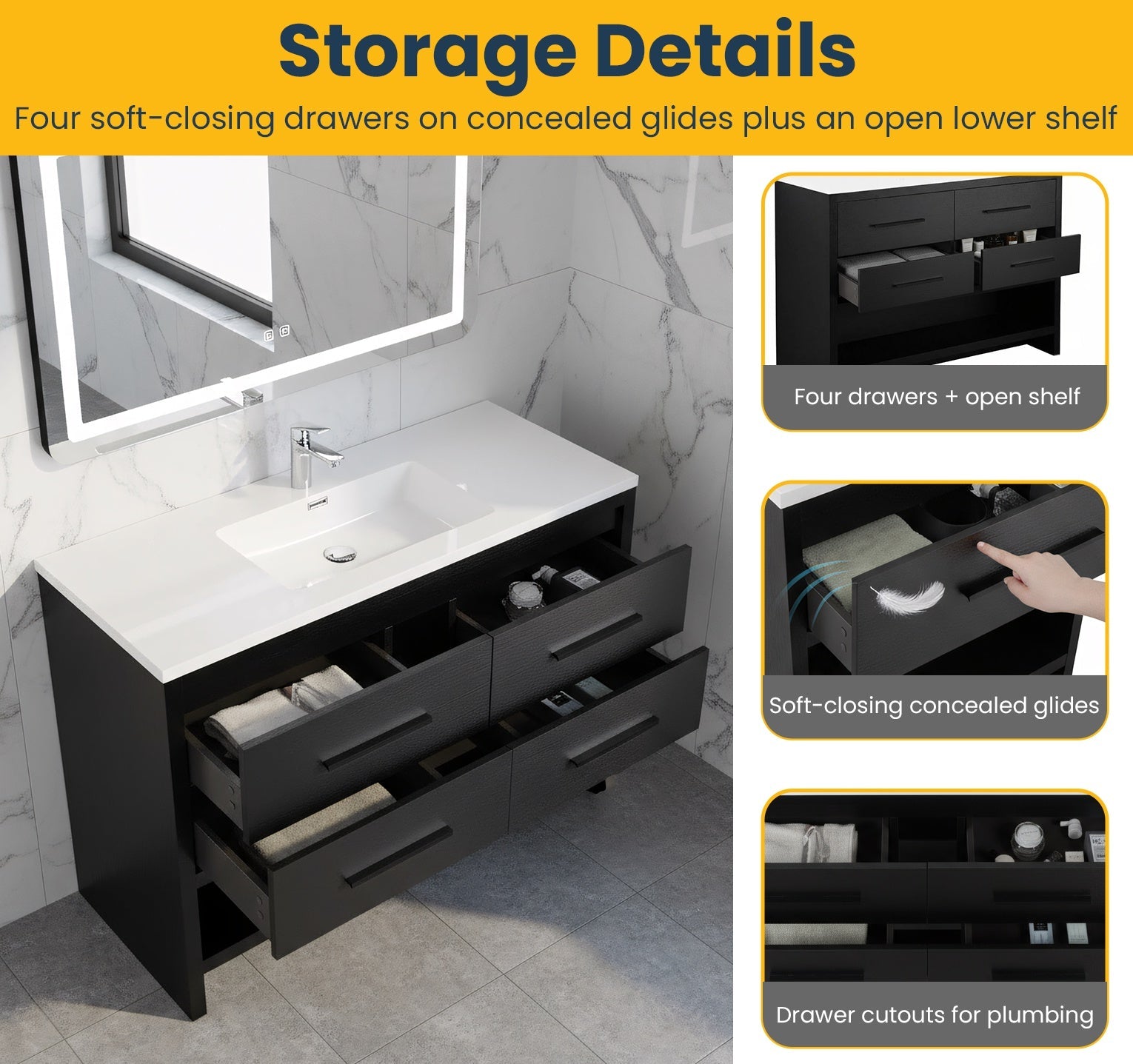 48" Black Rough Oak Freestanding Bathroom Vanity with White Polymarble Countertop-Migration_Bathroom Vanities-DECOROLALA