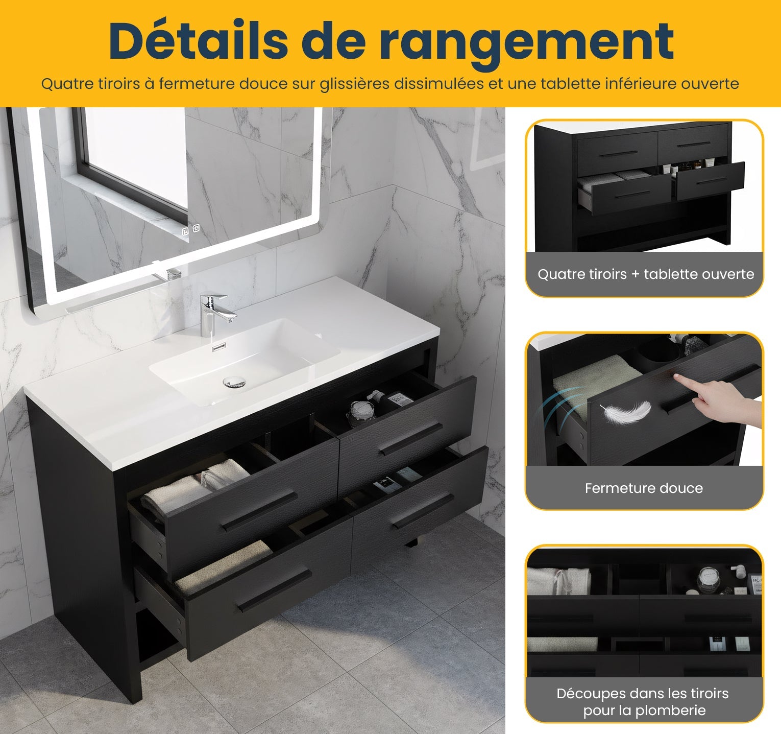 48" Black Rough Oak Freestanding Bathroom Vanity with White Polymarble Countertop-Migration_Bathroom Vanities-DECOROLALA