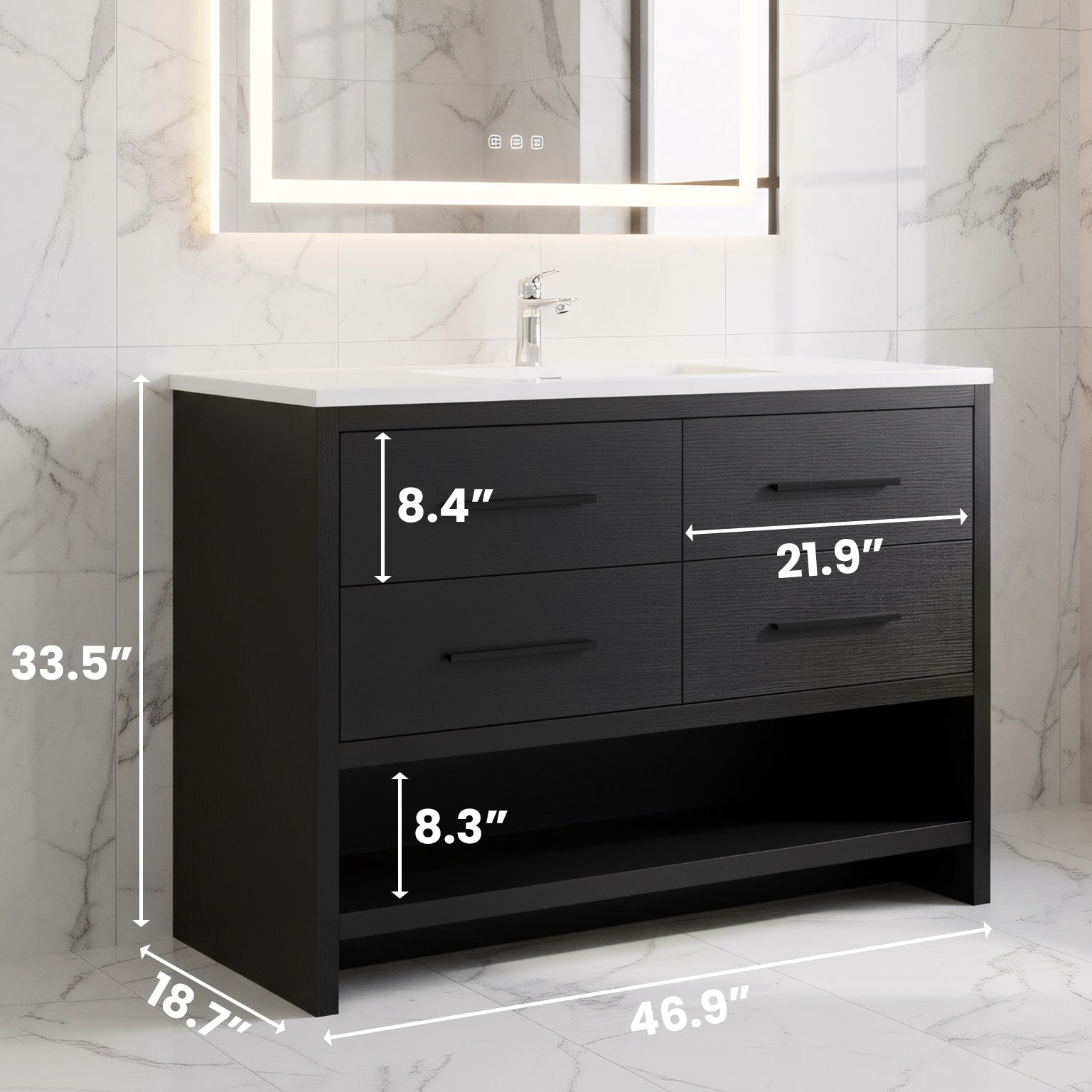 48" Black Rough Oak Freestanding Bathroom Vanity with White Polymarble Countertop-Migration_Bathroom Vanities-DECOROLALA