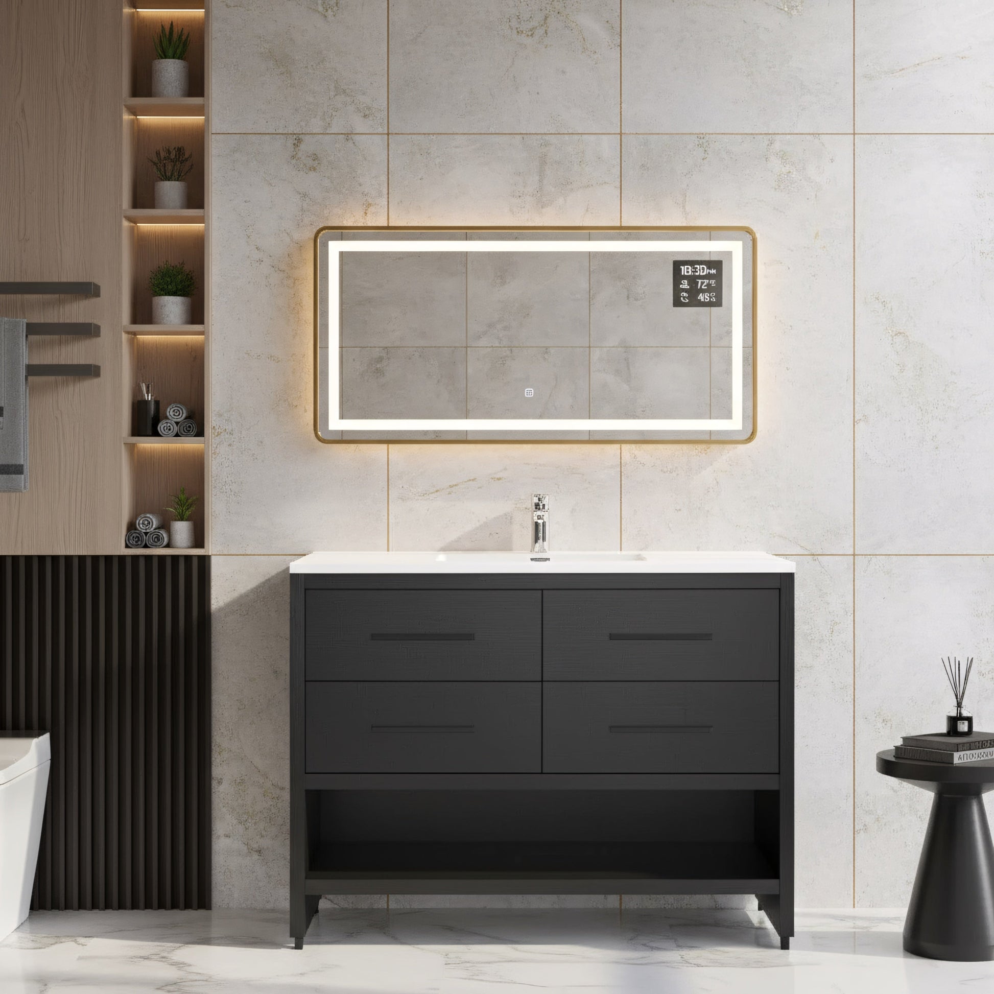 48" Black Rough Oak Freestanding Bathroom Vanity with White Polymarble Countertop-Migration_Bathroom Vanities-DECOROLALA