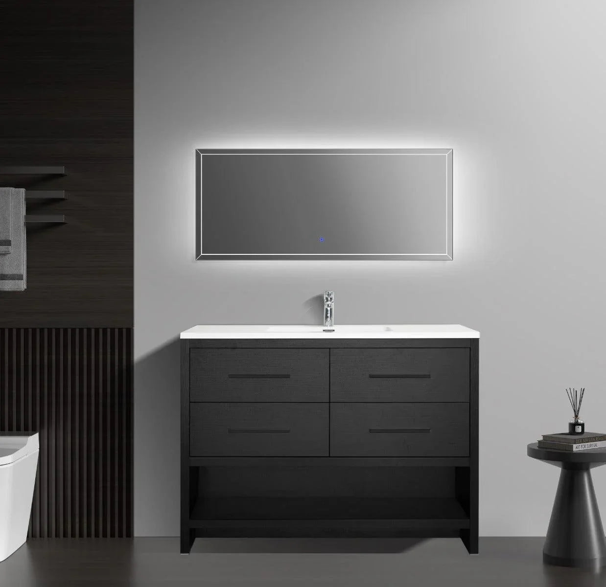48" Black Rough Oak Freestanding Bathroom Vanity with White Polymarble Countertop-Migration_Bathroom Vanities-DECOROLALA