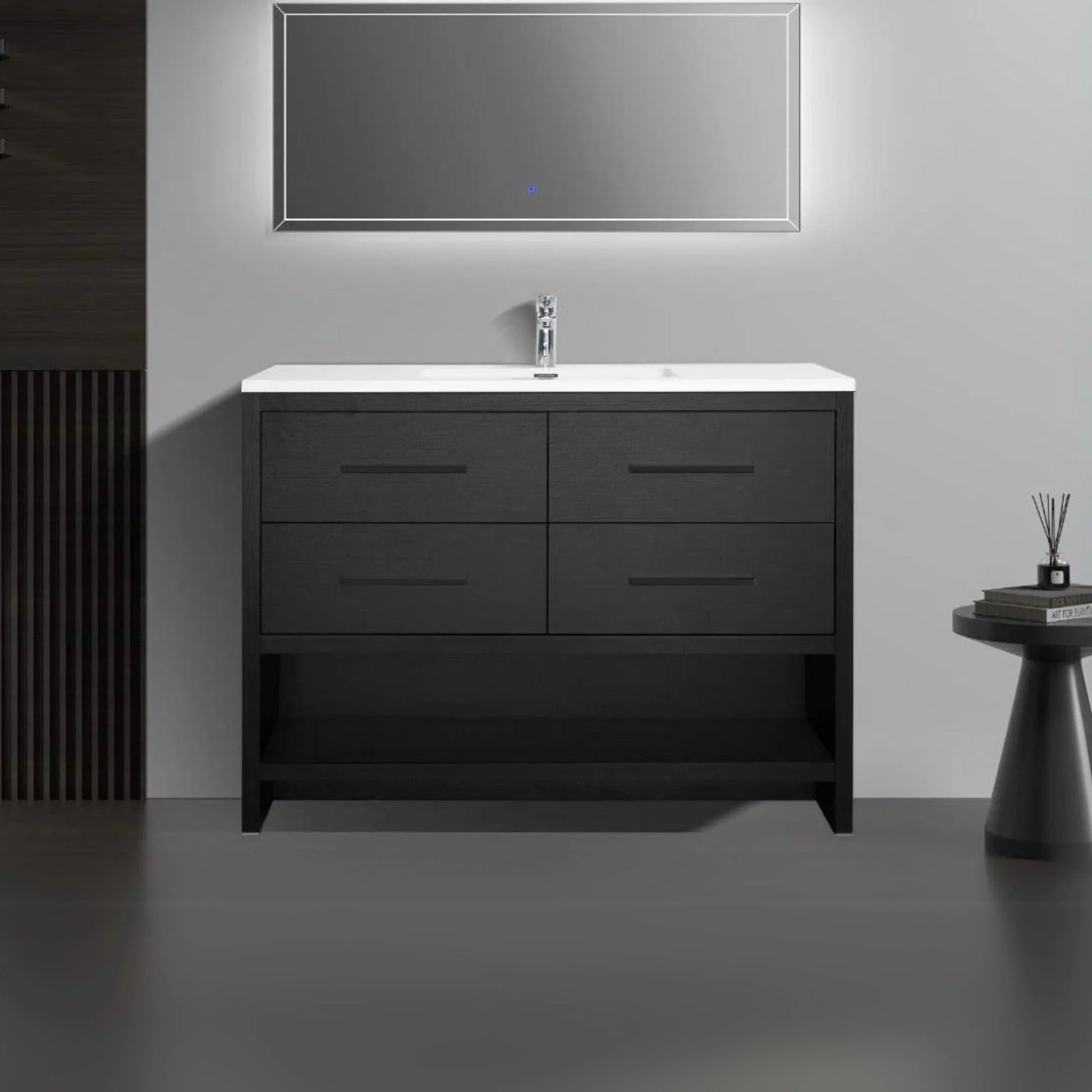 48" Black Rough Oak Freestanding Bathroom Vanity with White Polymarble Countertop-Migration_Bathroom Vanities-DECOROLALA