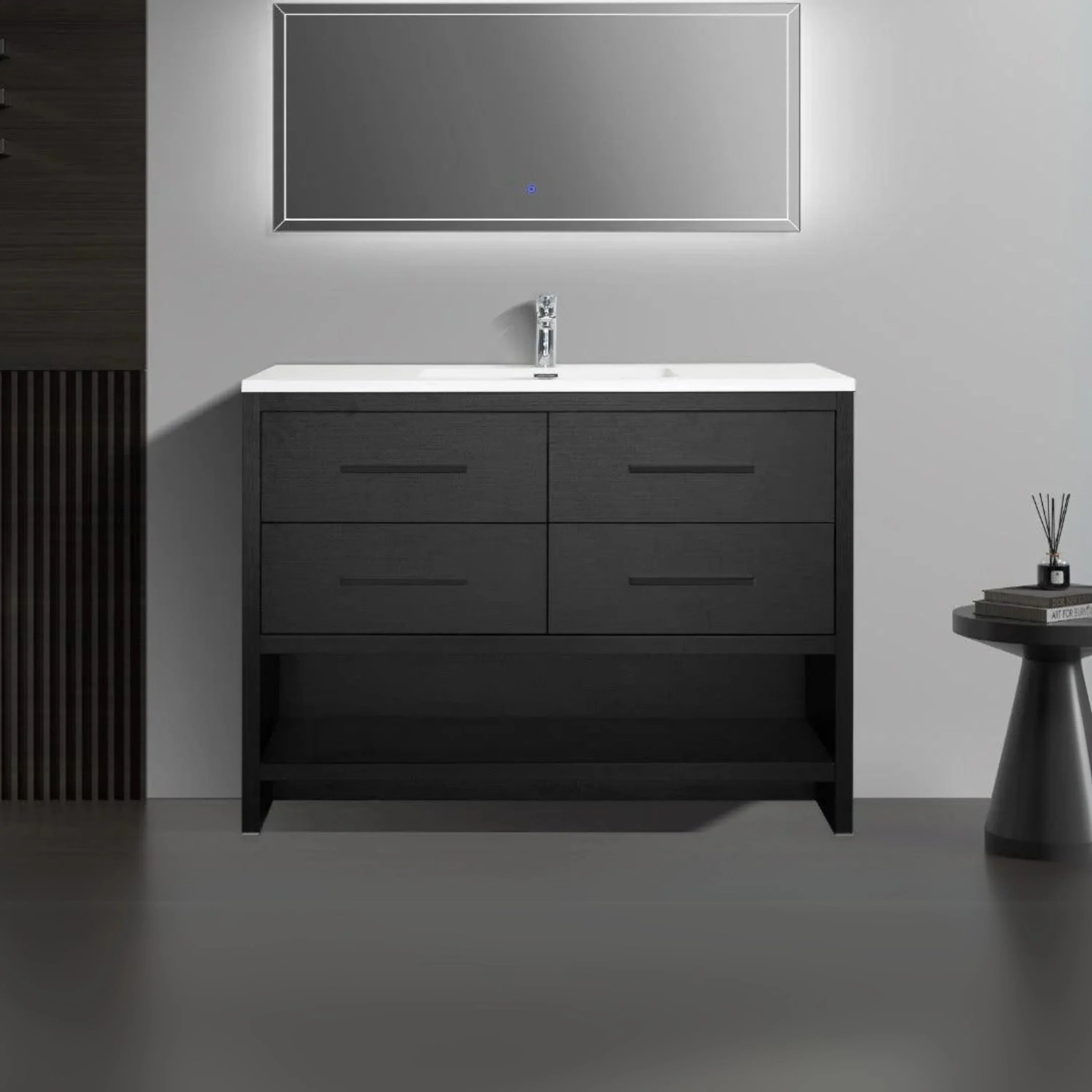 48" Black Rough Oak Freestanding Bathroom Vanity with White Polymarble Countertop-Migration_Bathroom Vanities-DECOROLALA