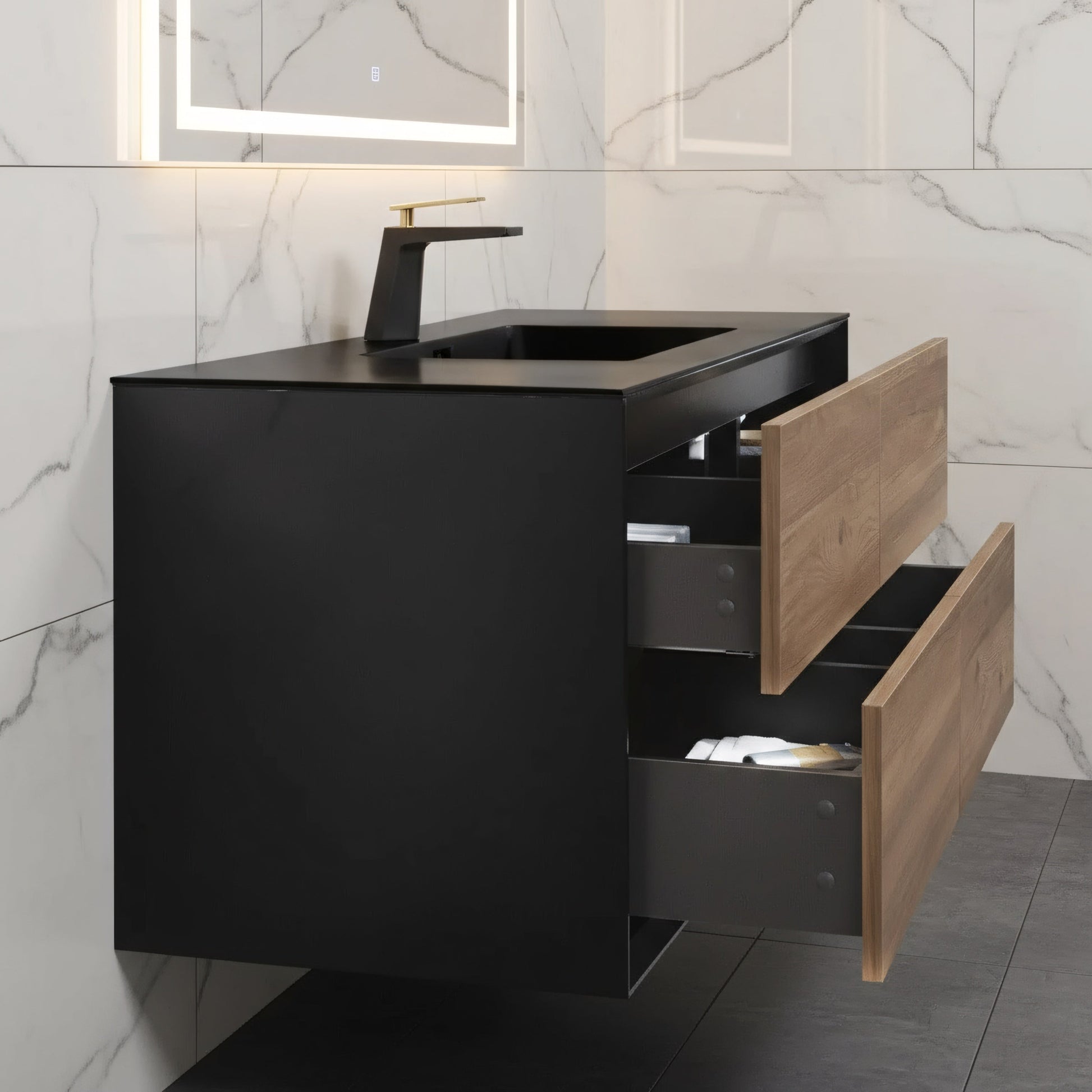 48" Black & Rough Oak Wall Mount Single Sink Bathroom Vanity with Black Engineered Quartz Countertop-Migration_Bathroom Vanities-DECOROLALA