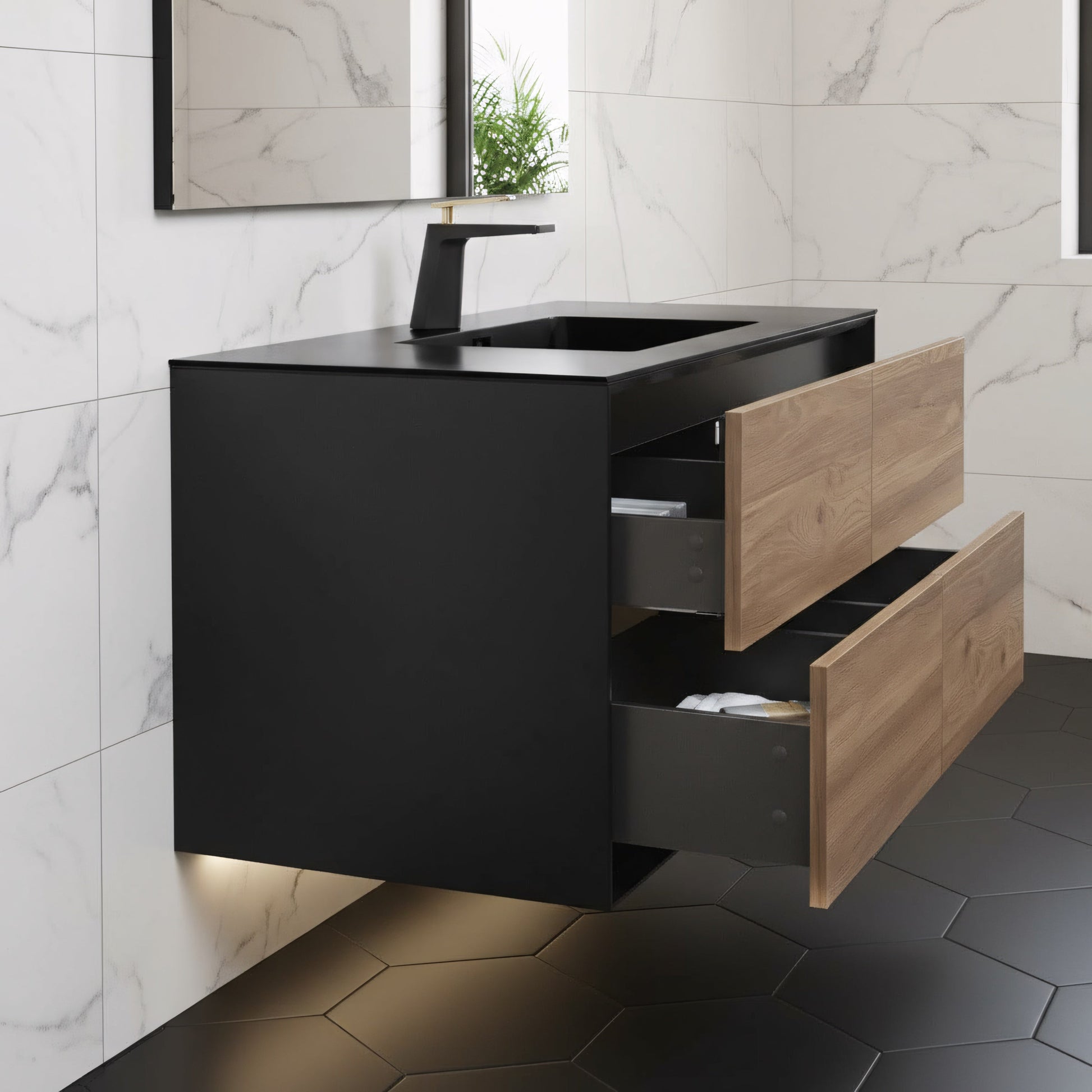 48" Black & Rough Oak Wall Mount Single Sink Bathroom Vanity with Black Engineered Quartz Countertop-Migration_Bathroom Vanities-DECOROLALA