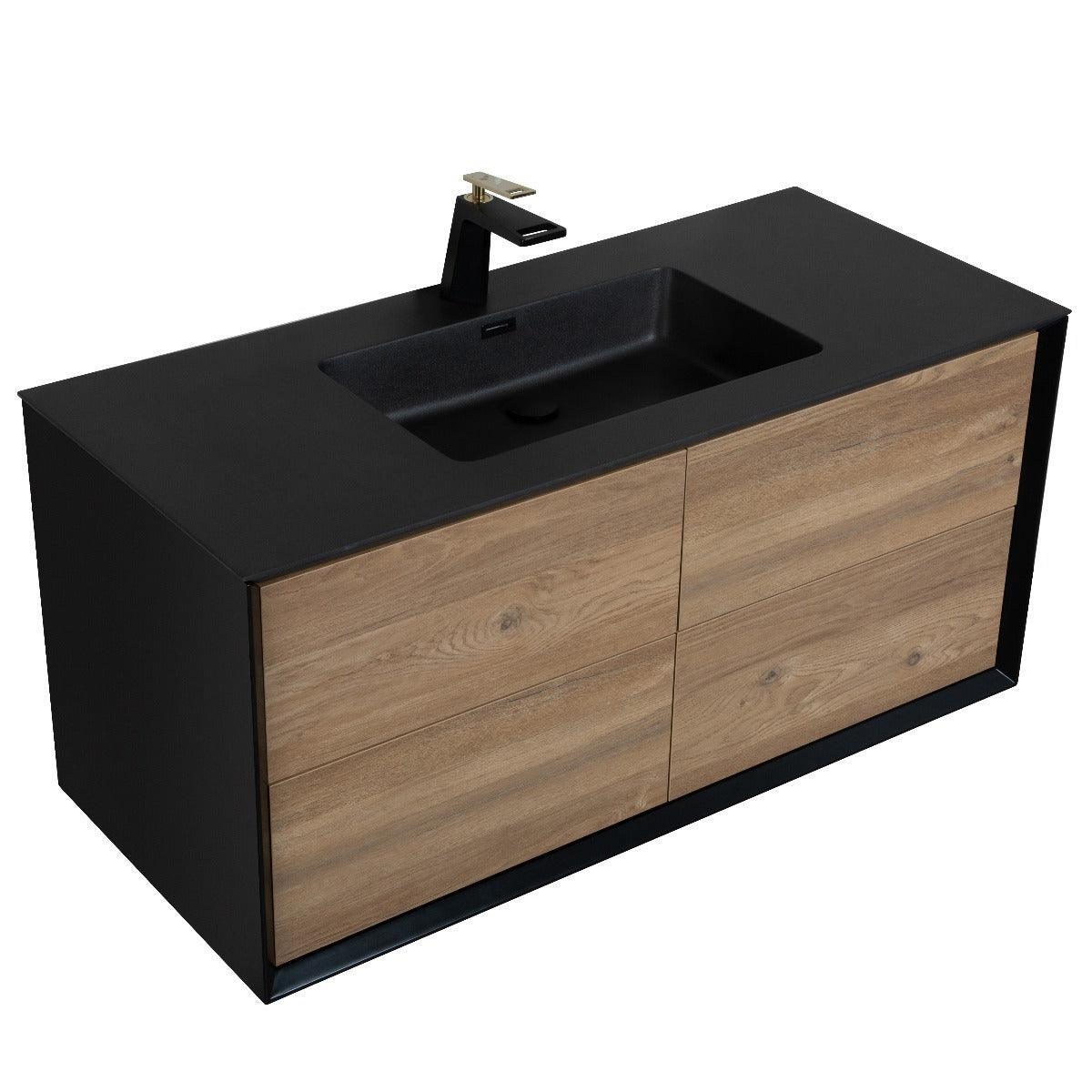 48" Black & Rough Oak Wall Mount Single Sink Bathroom Vanity with Black Engineered Quartz Countertop-Migration_Bathroom Vanities-DECOROLALA