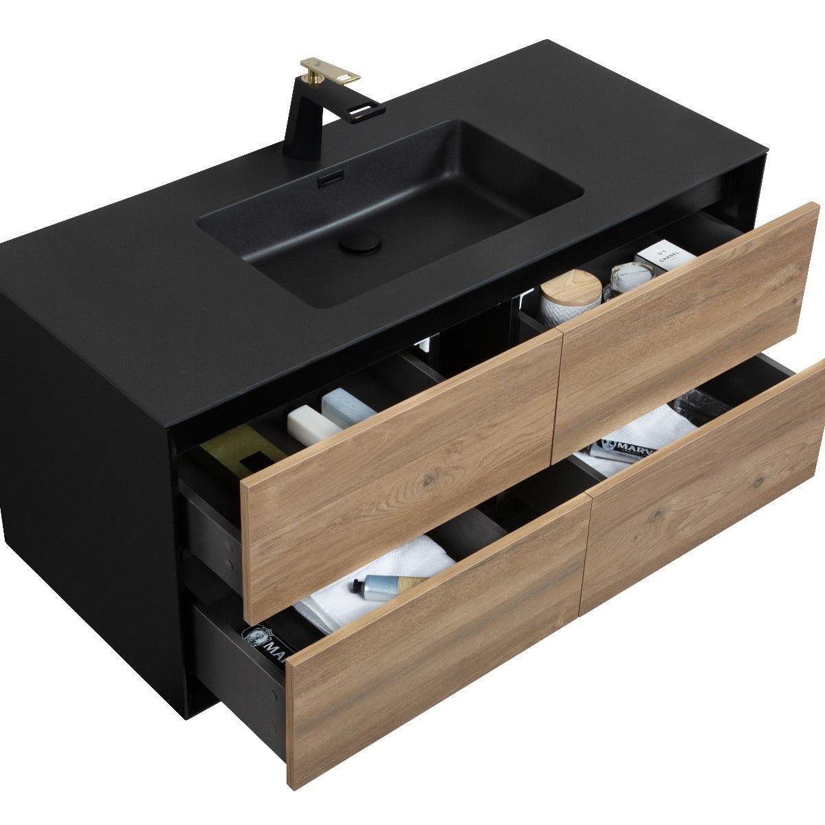 48" Black & Rough Oak Wall Mount Single Sink Bathroom Vanity with Black Engineered Quartz Countertop-Migration_Bathroom Vanities-DECOROLALA