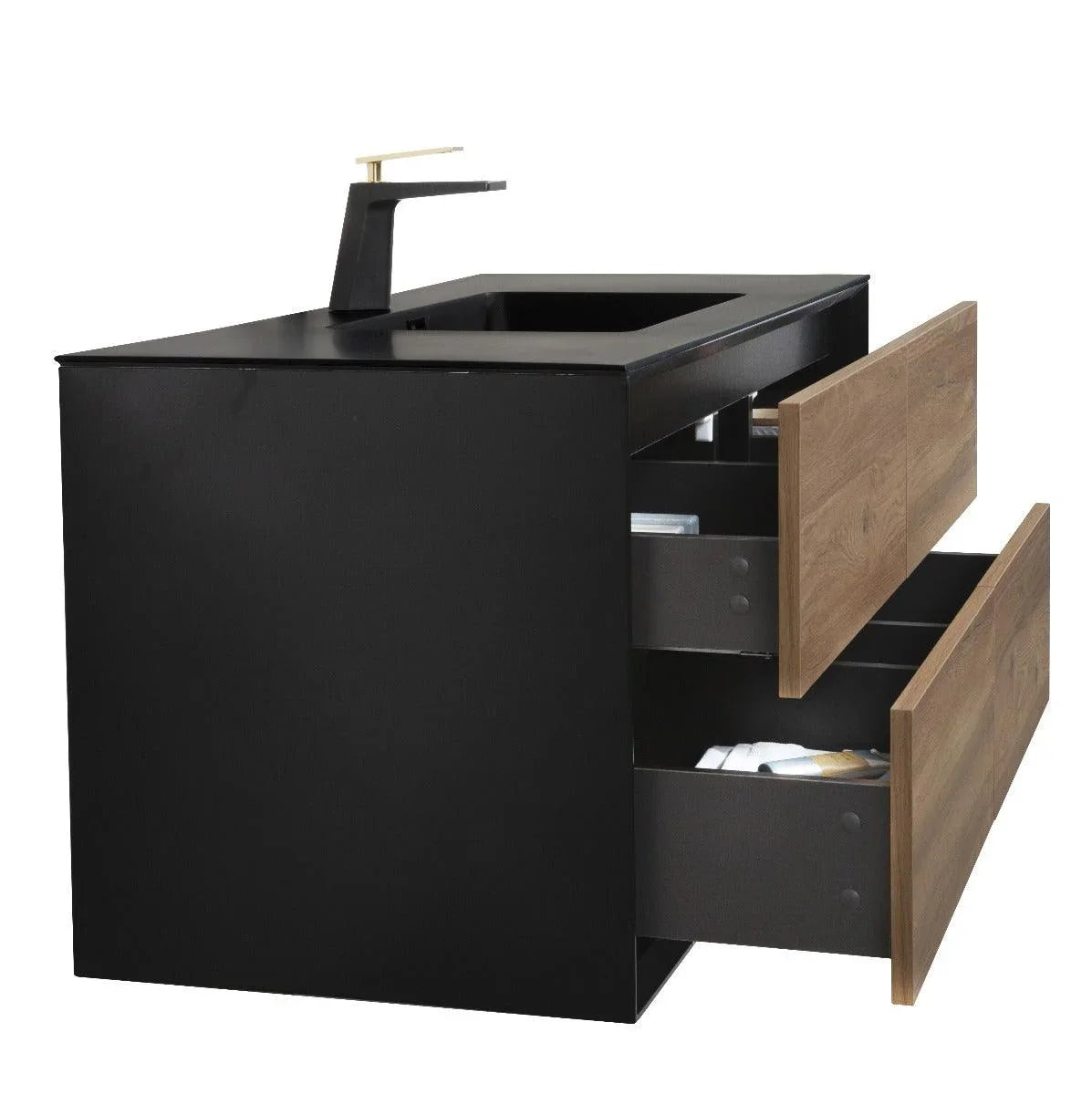 48" Black & Rough Oak Wall Mount Single Sink Bathroom Vanity with Black Engineered Quartz Countertop-Migration_Bathroom Vanities-DECOROLALA