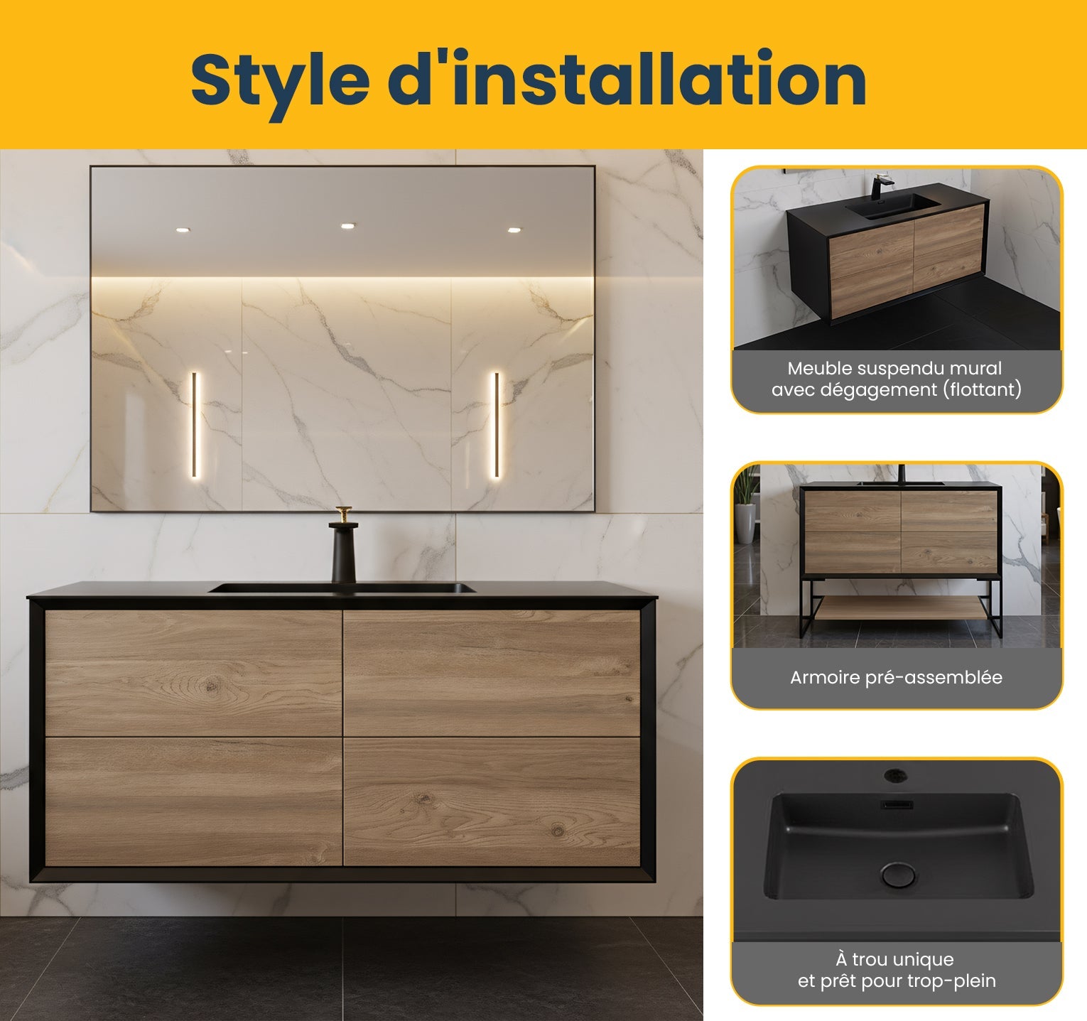 48" Black & Rough Oak Wall Mount Single Sink Bathroom Vanity with Black Engineered Quartz Countertop-Migration_Bathroom Vanities-DECOROLALA