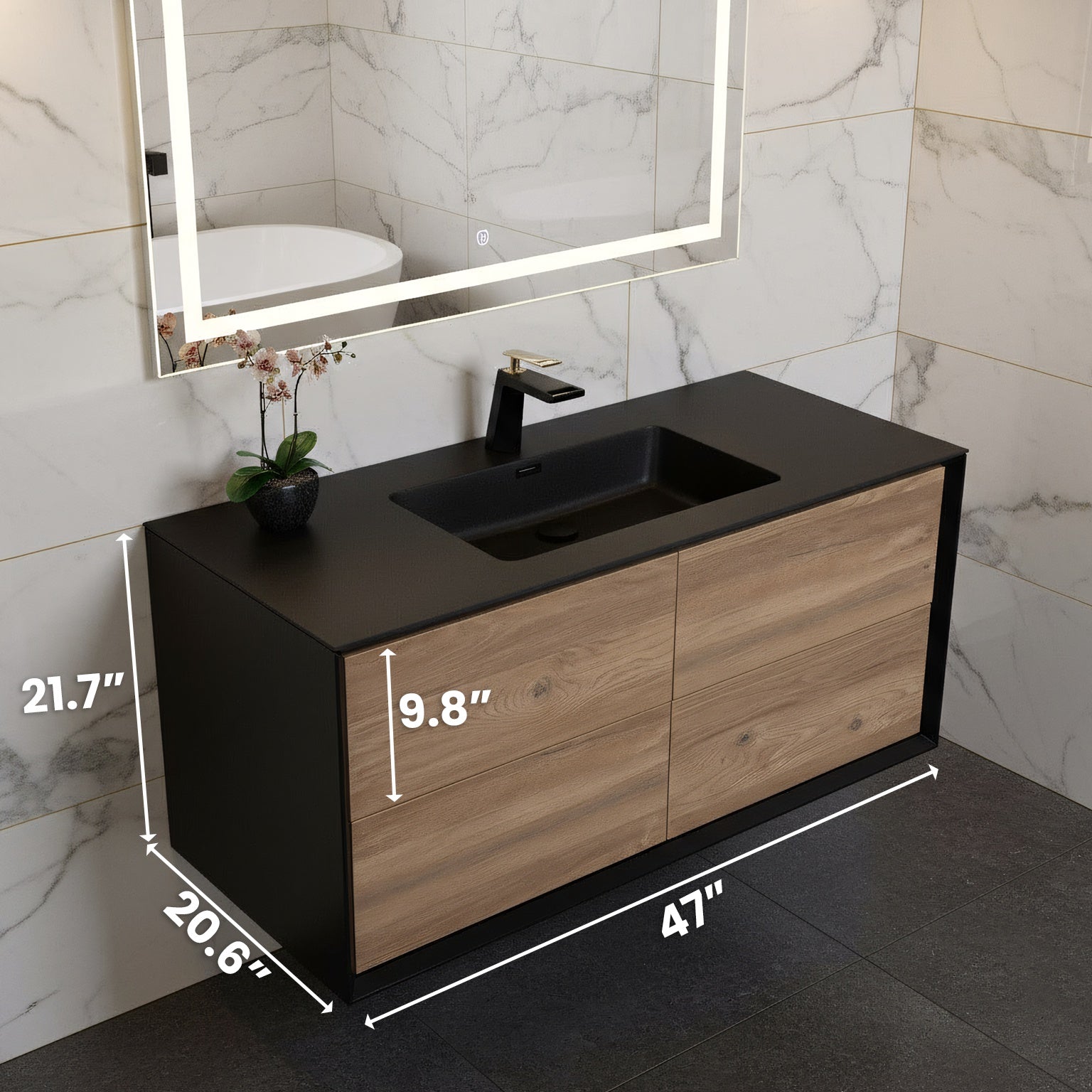 48" Black & Rough Oak Wall Mount Single Sink Bathroom Vanity with Black Engineered Quartz Countertop-Migration_Bathroom Vanities-DECOROLALA