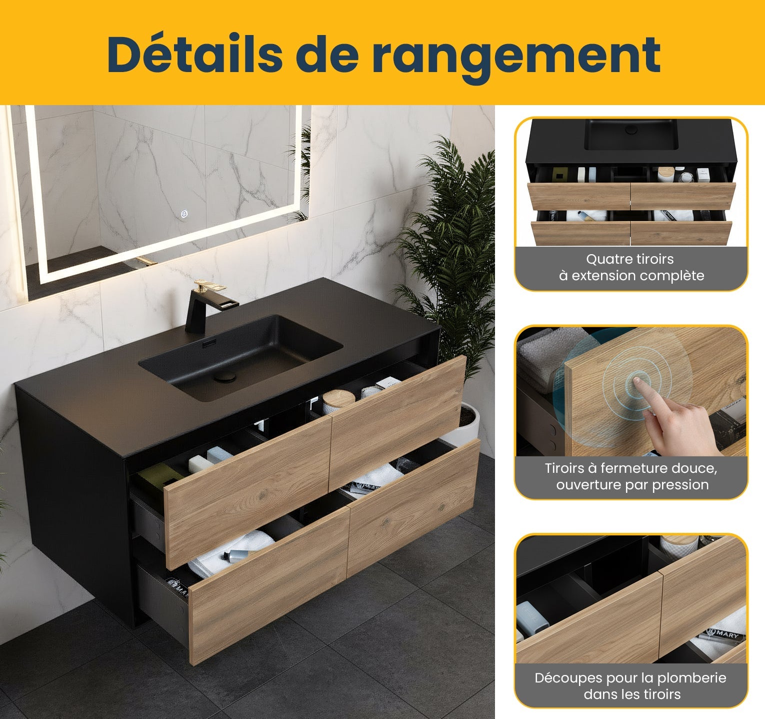 48" Black & Rough Oak Wall Mount Single Sink Bathroom Vanity with Black Engineered Quartz Countertop-Migration_Bathroom Vanities-DECOROLALA