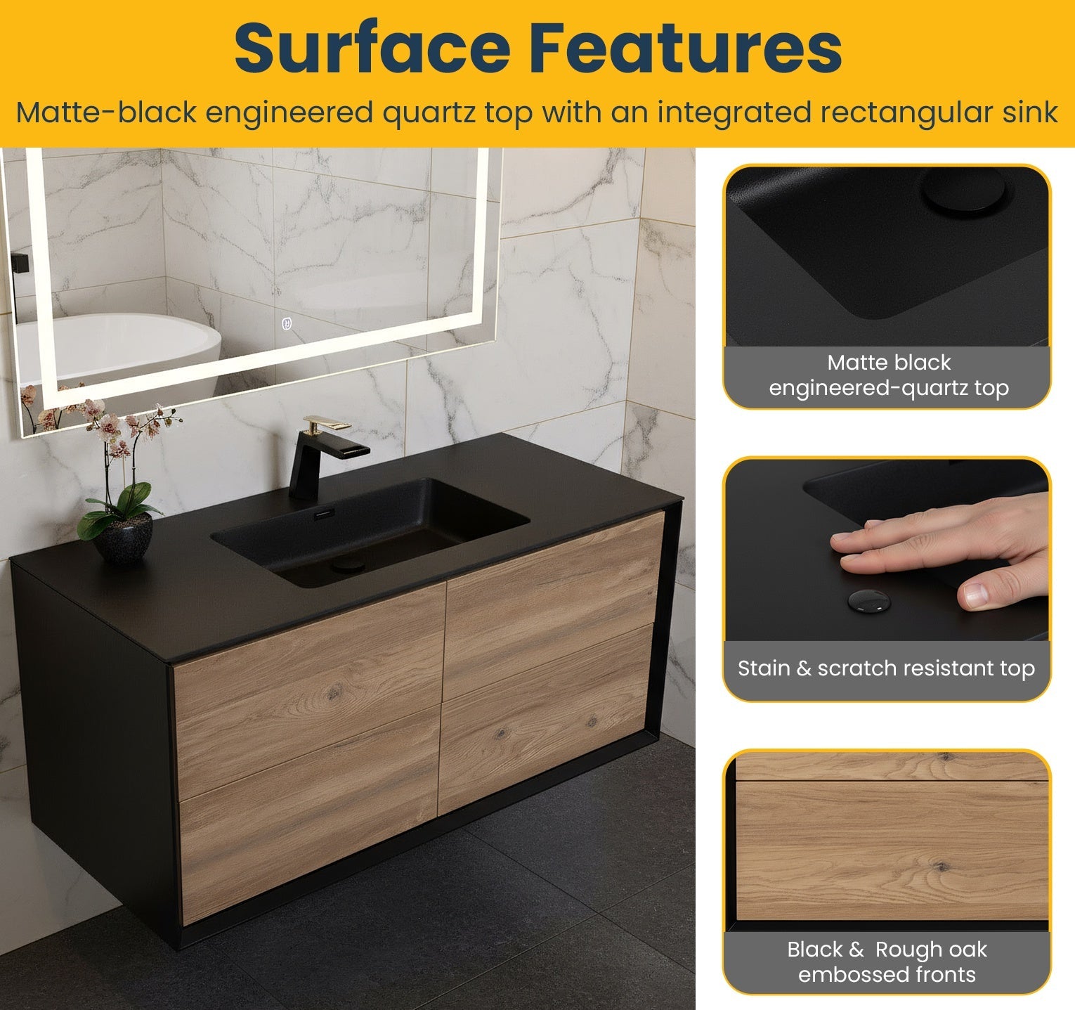 48" Black & Rough Oak Wall Mount Single Sink Bathroom Vanity with Black Engineered Quartz Countertop-Migration_Bathroom Vanities-DECOROLALA