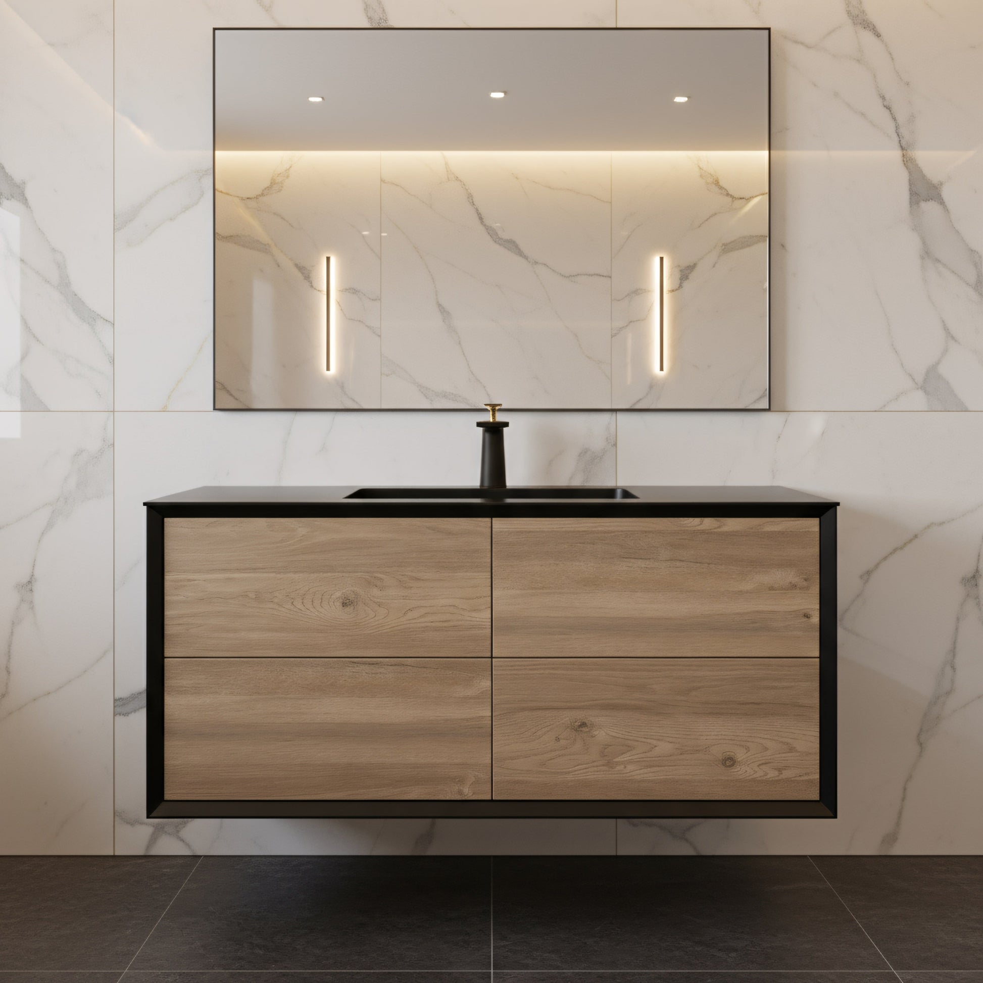 48" Black & Rough Oak Wall Mount Single Sink Bathroom Vanity with Black Engineered Quartz Countertop-Migration_Bathroom Vanities-DECOROLALA