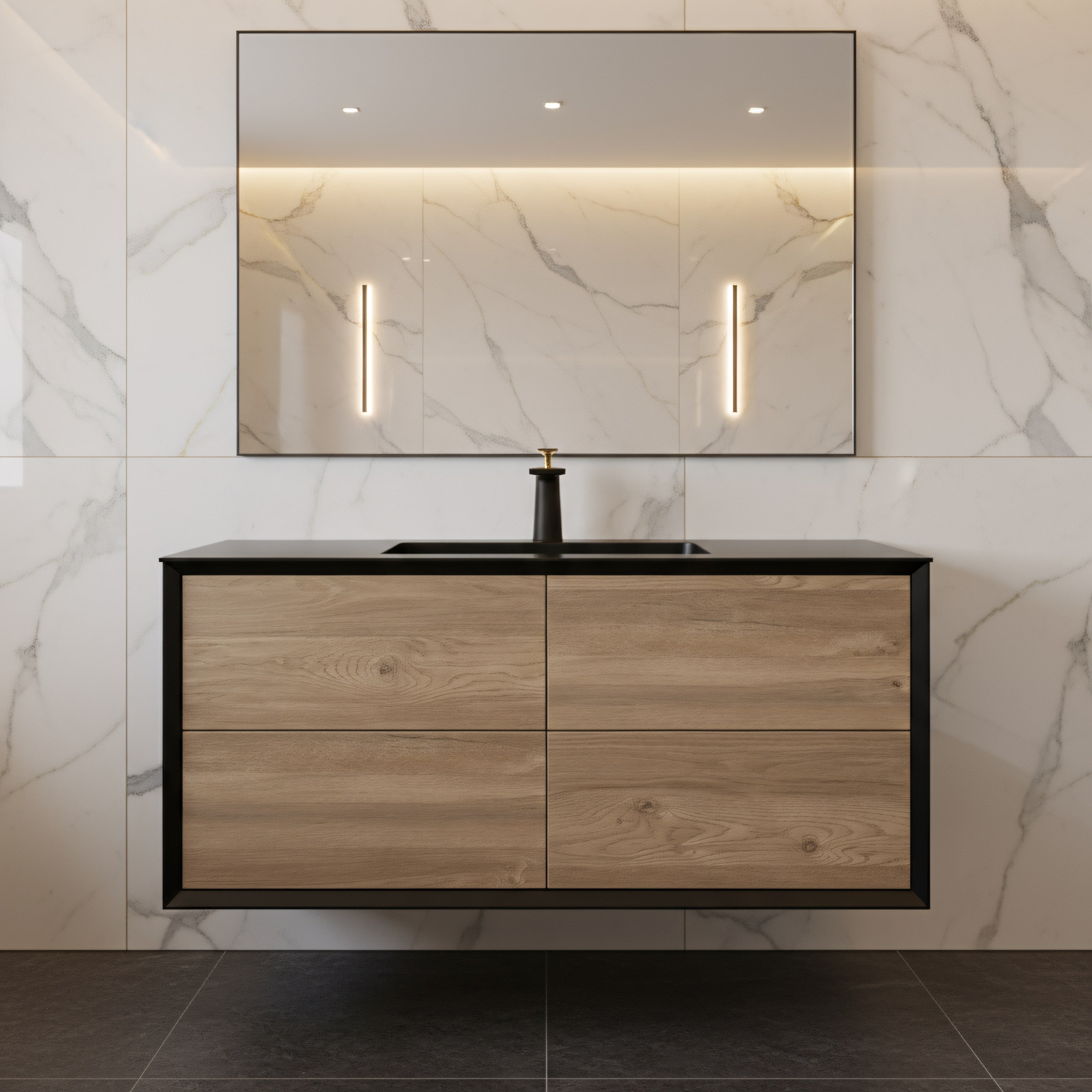 48" Black & Rough Oak Wall Mount Single Sink Bathroom Vanity with Black Engineered Quartz Countertop-Migration_Bathroom Vanities-DECOROLALA