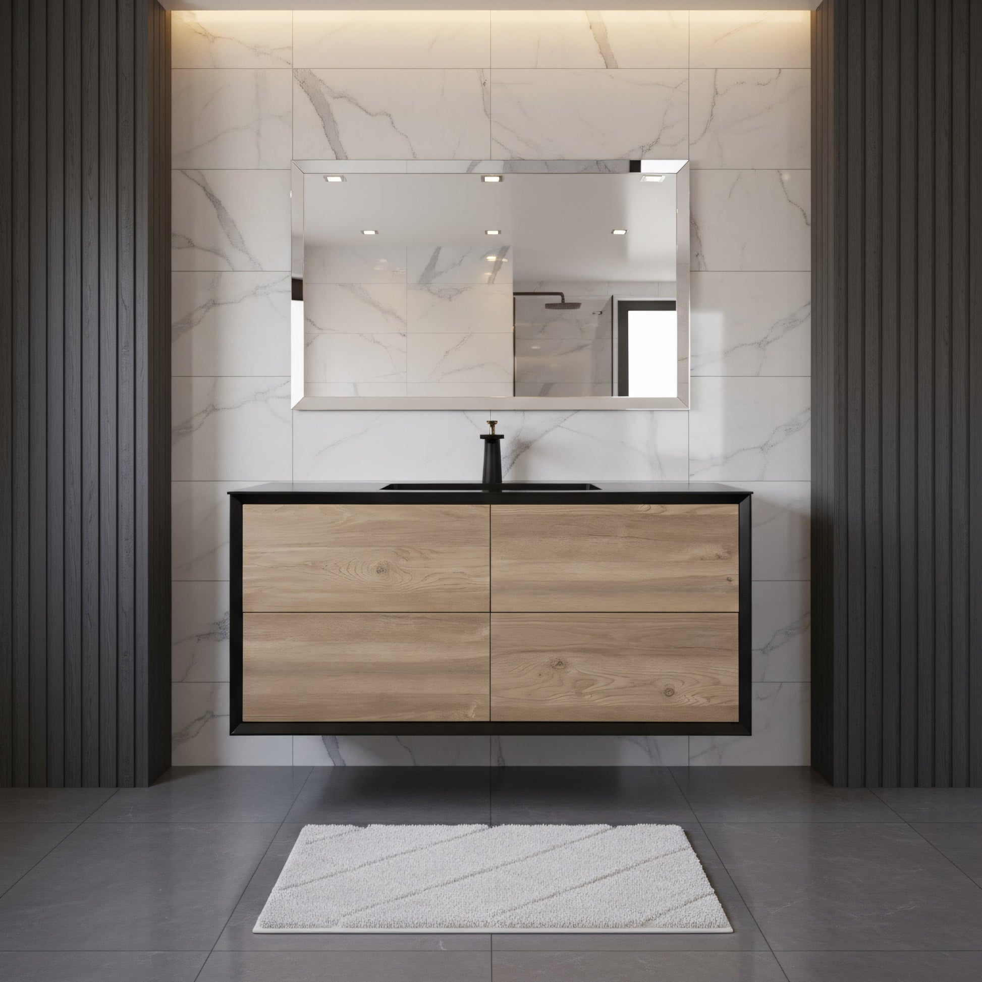 48" Black & Rough Oak Wall Mount Single Sink Bathroom Vanity with Black Engineered Quartz Countertop-Migration_Bathroom Vanities-DECOROLALA