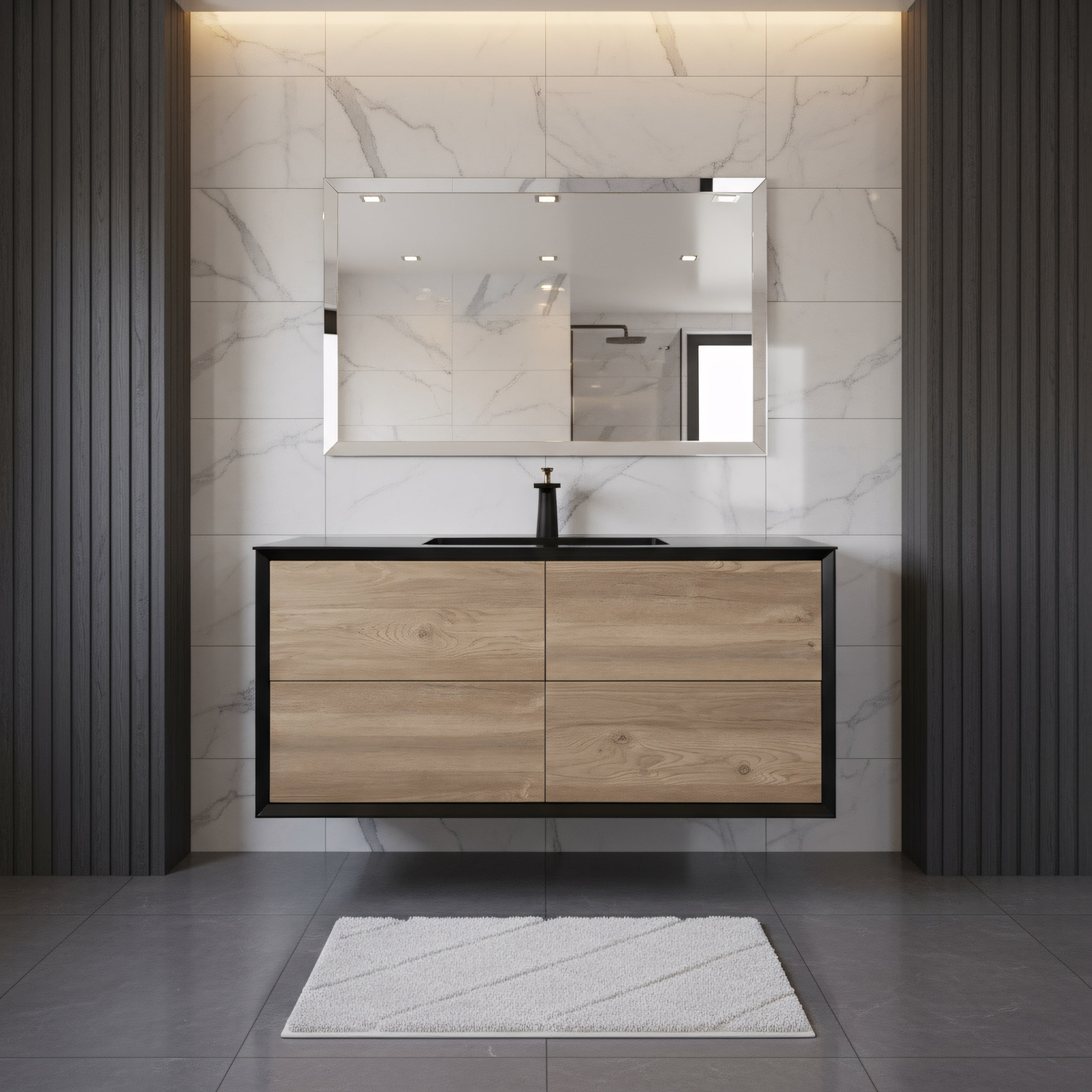 48" Black & Rough Oak Wall Mount Single Sink Bathroom Vanity with Black Engineered Quartz Countertop-Migration_Bathroom Vanities-DECOROLALA