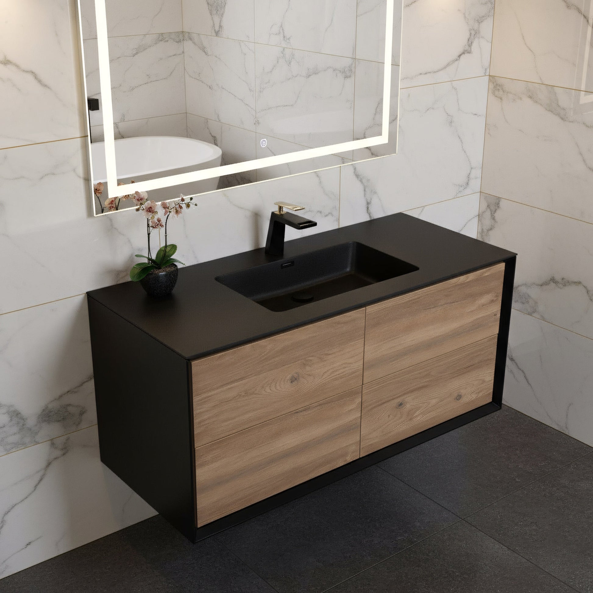 48" Black & Rough Oak Wall Mount Single Sink Bathroom Vanity with Black Engineered Quartz Countertop-Migration_Bathroom Vanities-DECOROLALA
