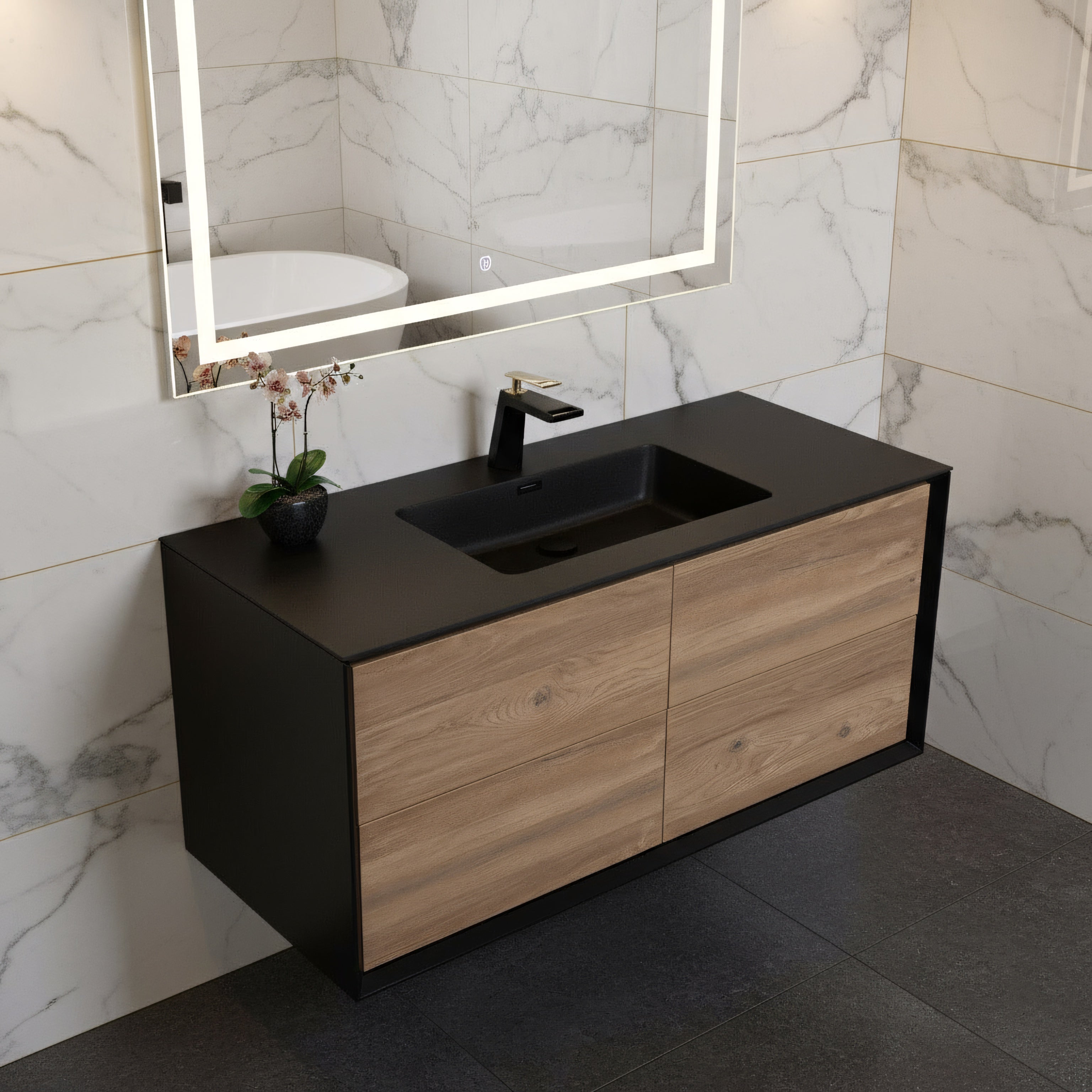 48" Black & Rough Oak Wall Mount Single Sink Bathroom Vanity with Black Engineered Quartz Countertop-Migration_Bathroom Vanities-DECOROLALA