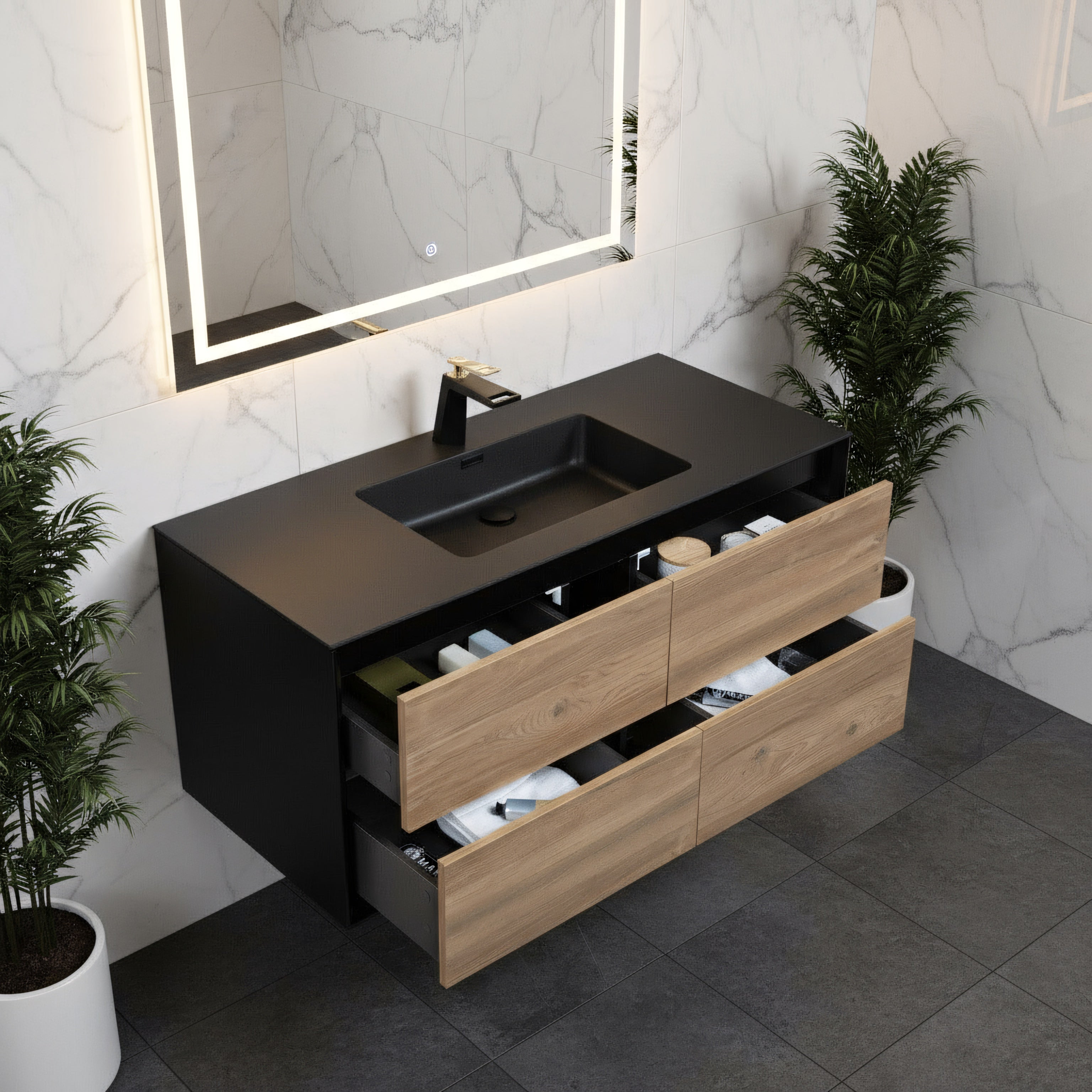 48" Black & Rough Oak Wall Mount Single Sink Bathroom Vanity with Black Engineered Quartz Countertop-Migration_Bathroom Vanities-DECOROLALA