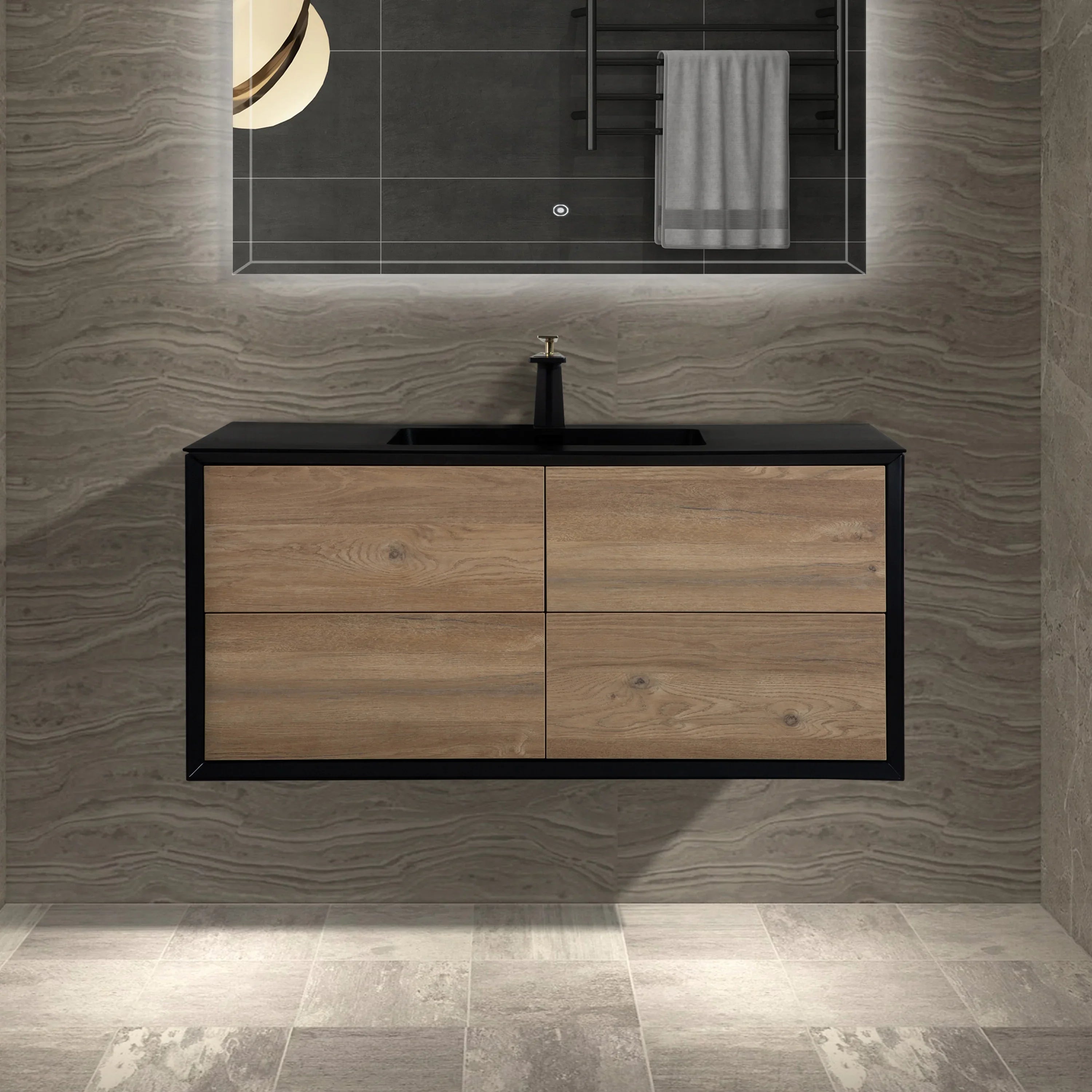 48" Black & Rough Oak Wall Mount Single Sink Bathroom Vanity with Black Engineered Quartz Countertop-Migration_Bathroom Vanities-DECOROLALA