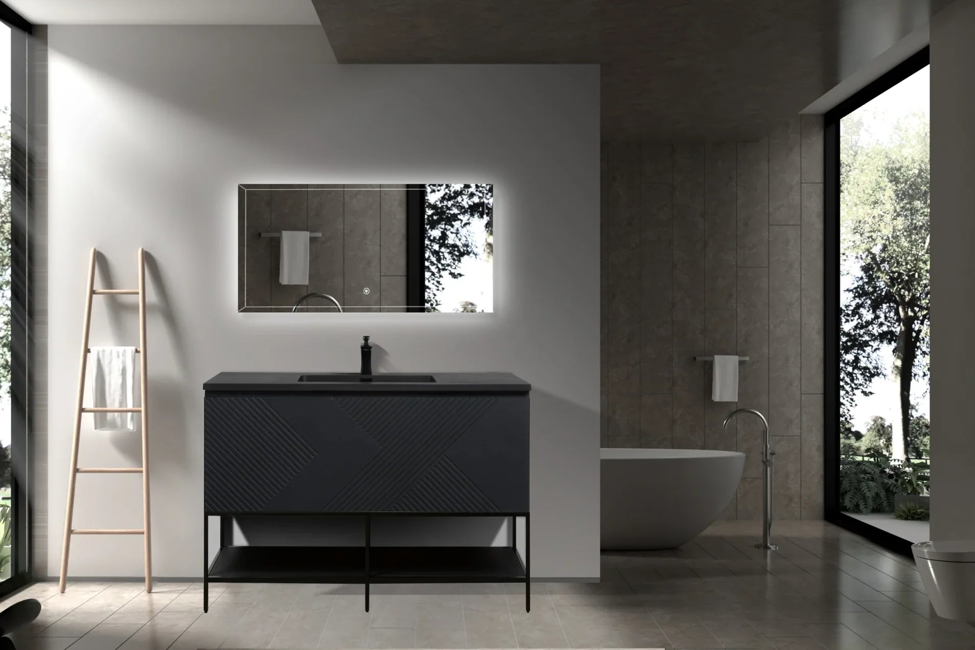 48" Black Wall Mount Bathroom Vanity with Black Engineered Quartz Countertop-Migration_Bathroom Vanities-DECOROLALA