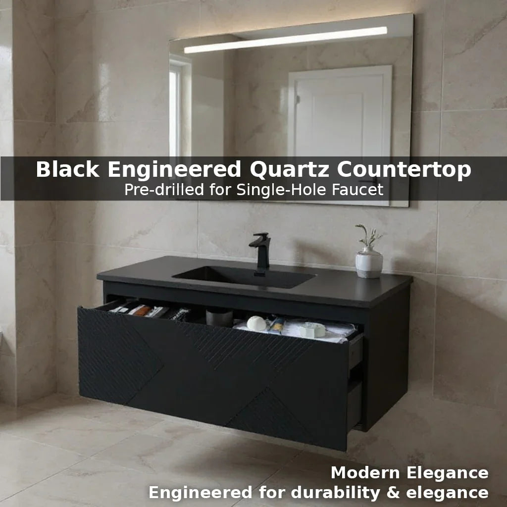 48" Black Wall Mount Bathroom Vanity with Black Engineered Quartz Countertop-Migration_Bathroom Vanities-DECOROLALA