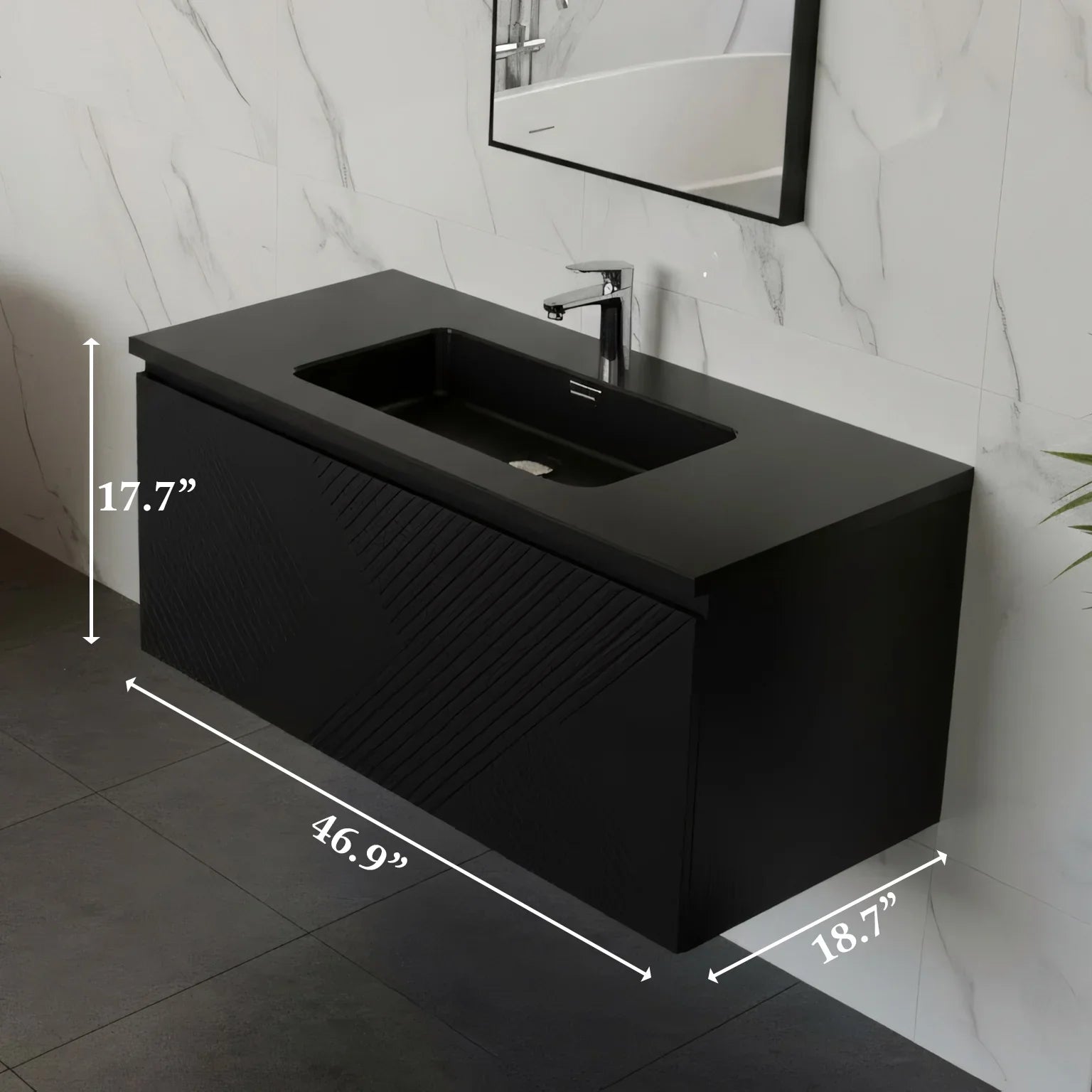 48" Black Wall Mount Bathroom Vanity with Black Engineered Quartz Countertop-Migration_Bathroom Vanities-DECOROLALA