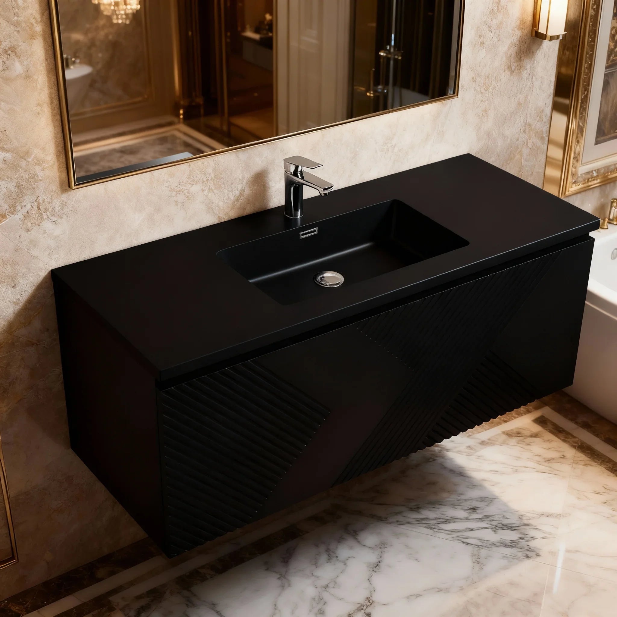 48" Black Wall Mount Bathroom Vanity with Black Engineered Quartz Countertop-Migration_Bathroom Vanities-DECOROLALA