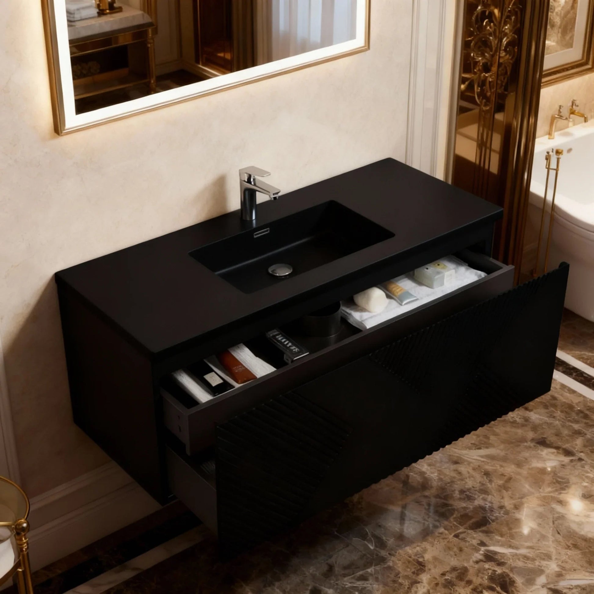 48" Black Wall Mount Bathroom Vanity with Black Engineered Quartz Countertop-Migration_Bathroom Vanities-DECOROLALA