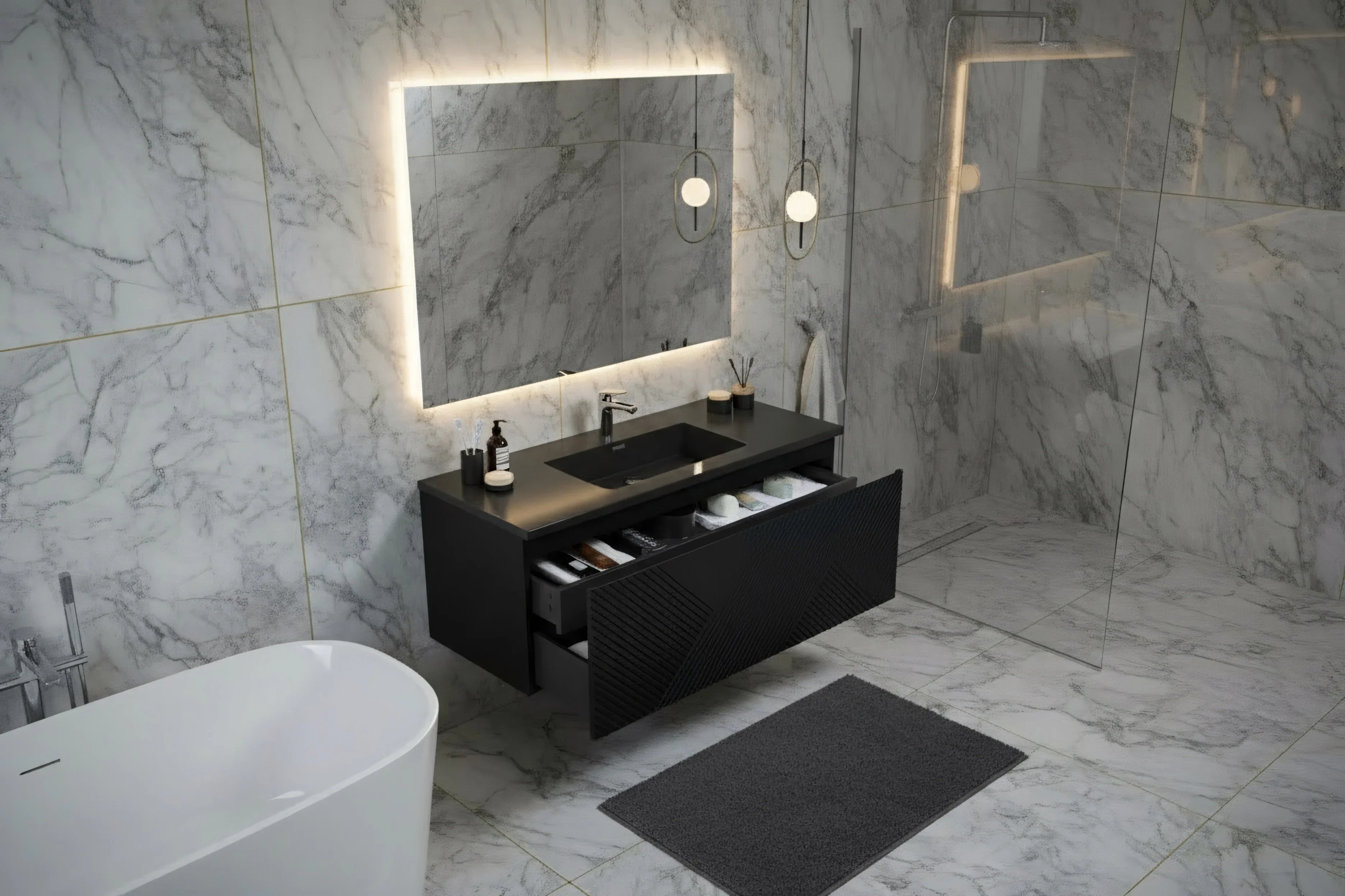 48" Black Wall Mount Bathroom Vanity with Black Engineered Quartz Countertop-Migration_Bathroom Vanities-DECOROLALA