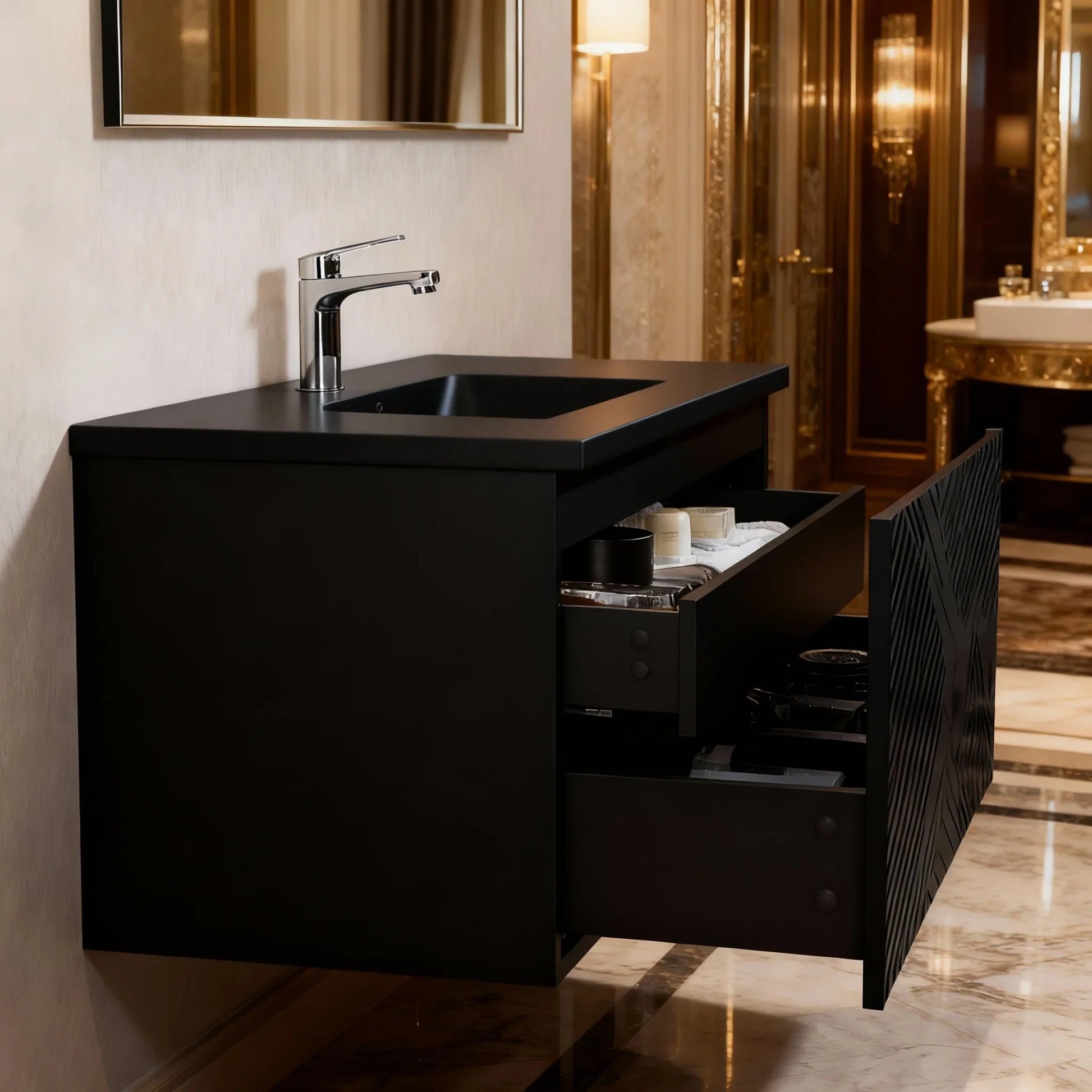 48" Black Wall Mount Bathroom Vanity with Black Engineered Quartz Countertop-Migration_Bathroom Vanities-DECOROLALA