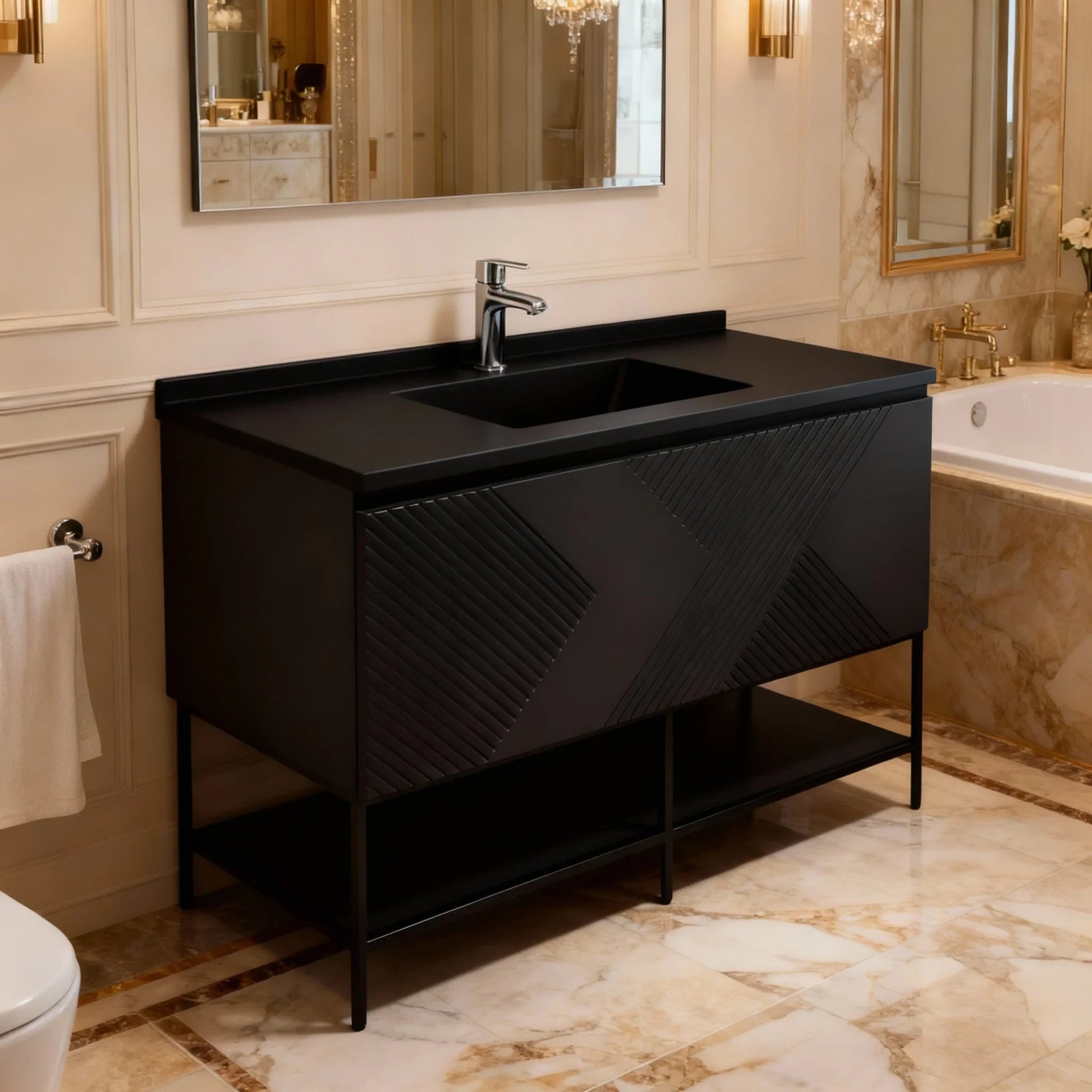 48" Black Wall Mount Bathroom Vanity with Black Engineered Quartz Countertop-Migration_Bathroom Vanities-DECOROLALA