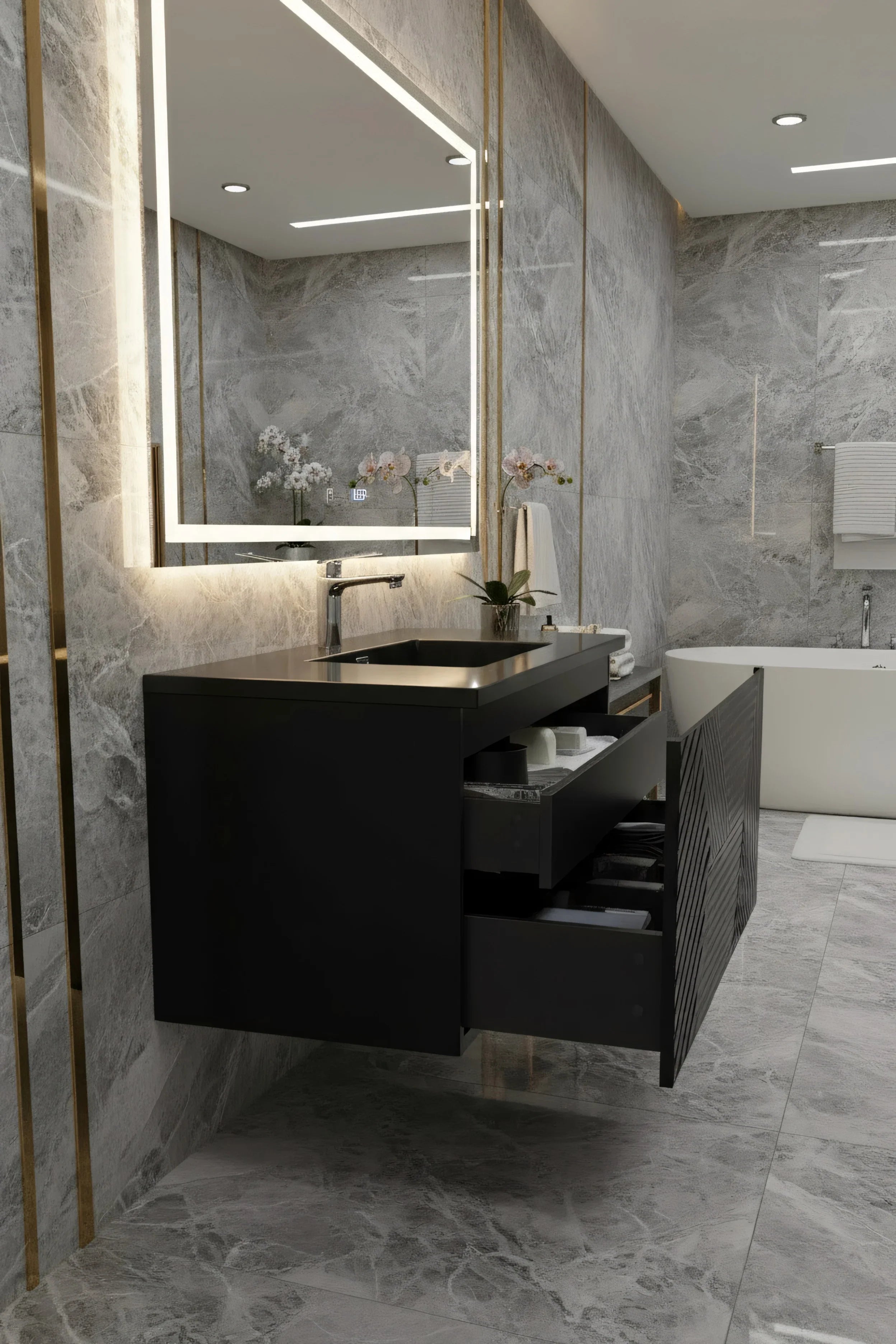 48" Black Wall Mount Bathroom Vanity with Black Engineered Quartz Countertop-Migration_Bathroom Vanities-DECOROLALA