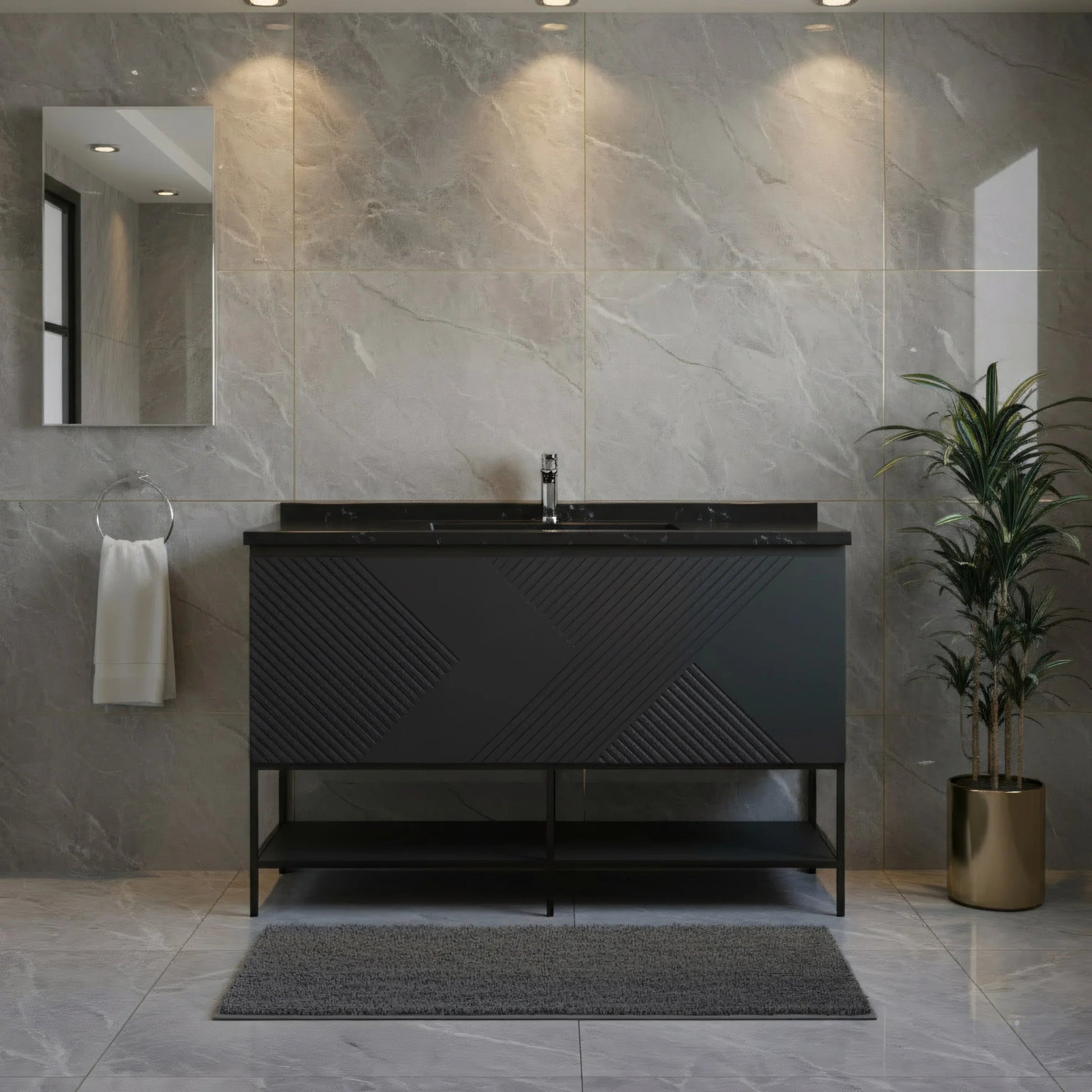 48" Black Wall Mount Bathroom Vanity with Black Engineered Quartz Countertop-Migration_Bathroom Vanities-DECOROLALA