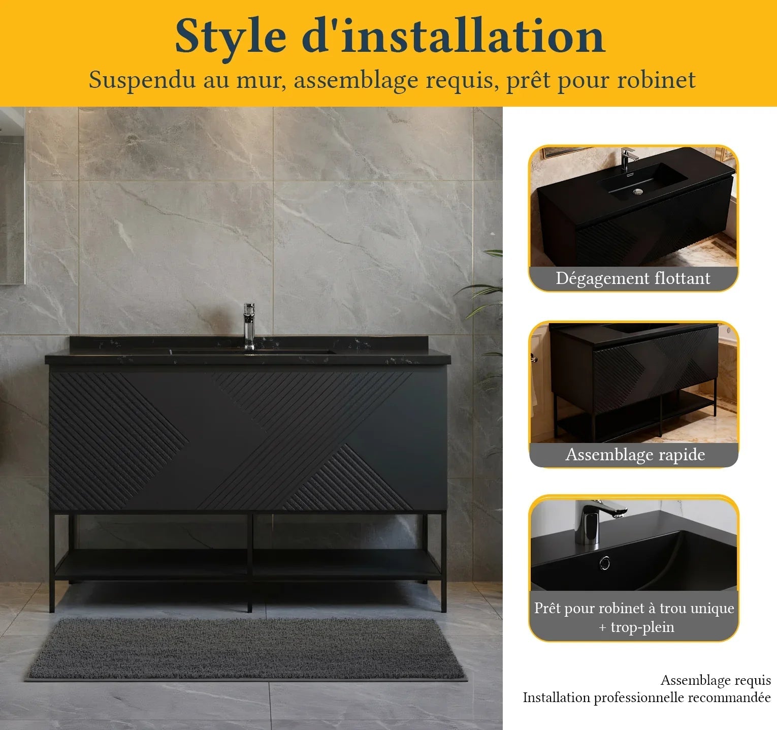 48" Black Wall Mount Bathroom Vanity with Black Engineered Quartz Countertop-Migration_Bathroom Vanities-DECOROLALA