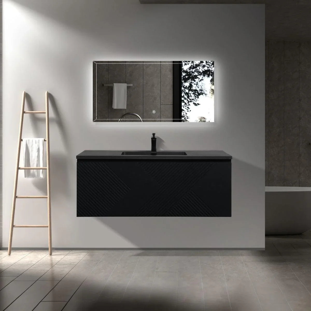 48" Black Wall Mount Bathroom Vanity with Black Engineered Quartz Countertop-Migration_Bathroom Vanities-DECOROLALA