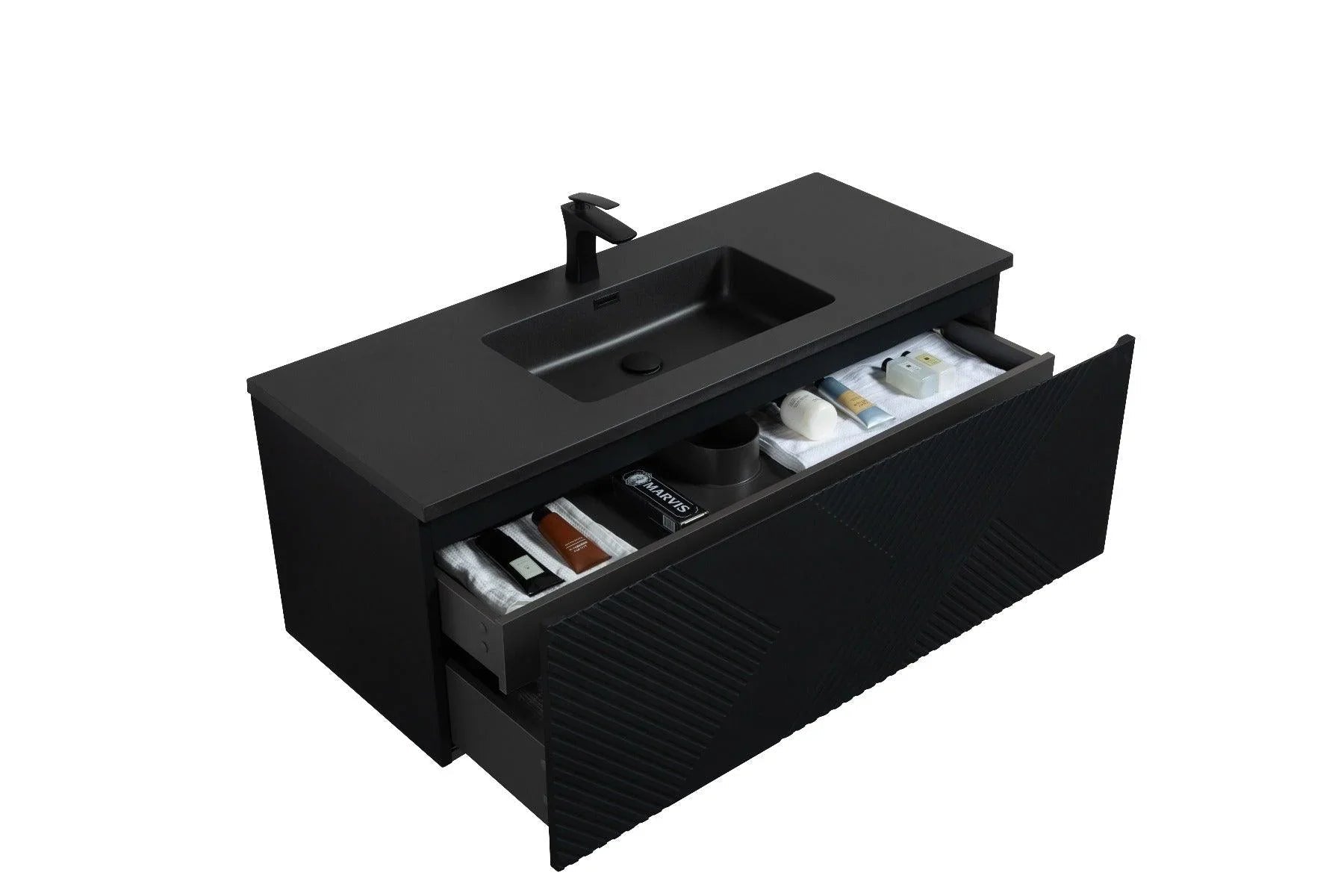 48" Black Wall Mount Bathroom Vanity with Black Engineered Quartz Countertop-Migration_Bathroom Vanities-DECOROLALA