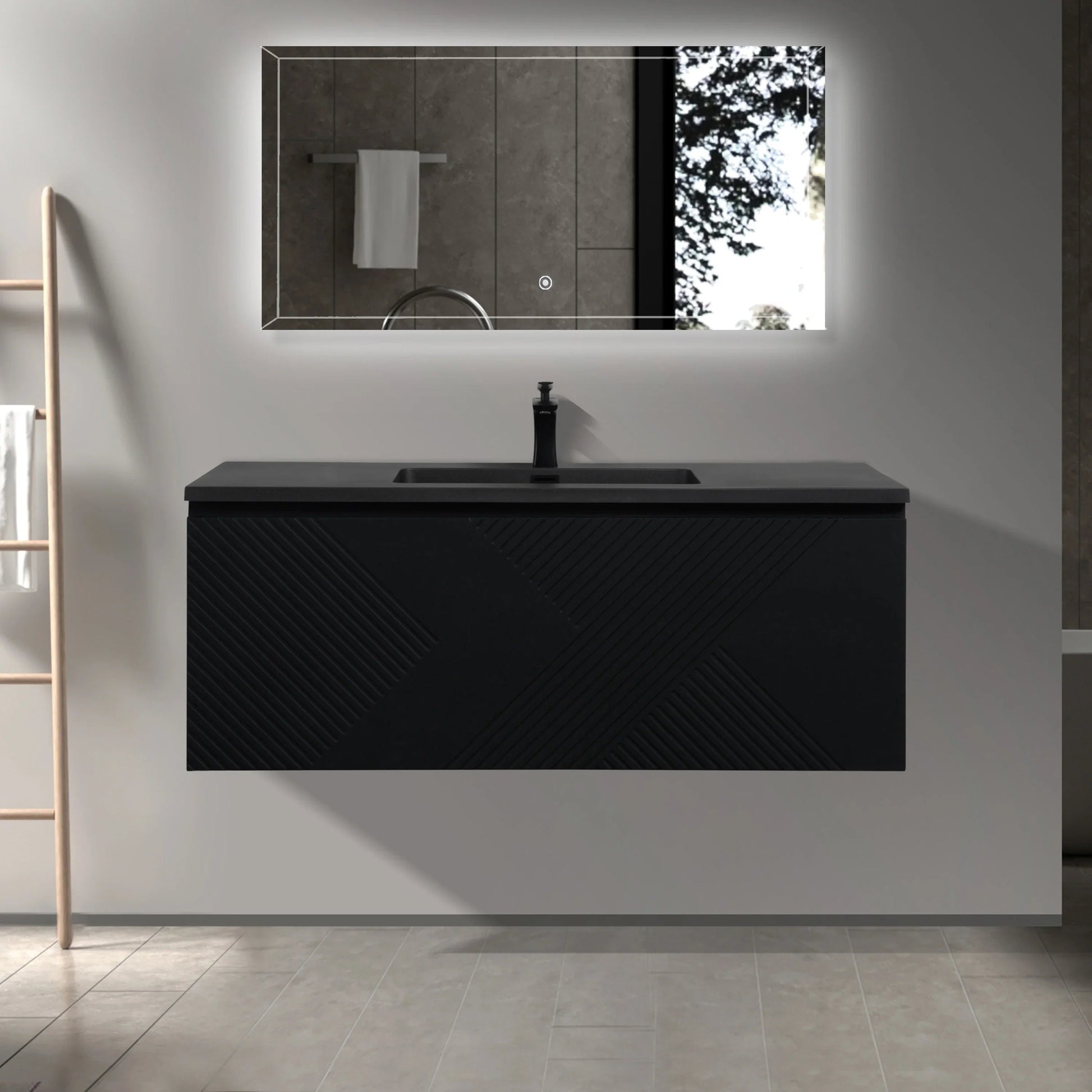 48" Black Wall Mount Bathroom Vanity with Black Engineered Quartz Countertop-Migration_Bathroom Vanities-DECOROLALA