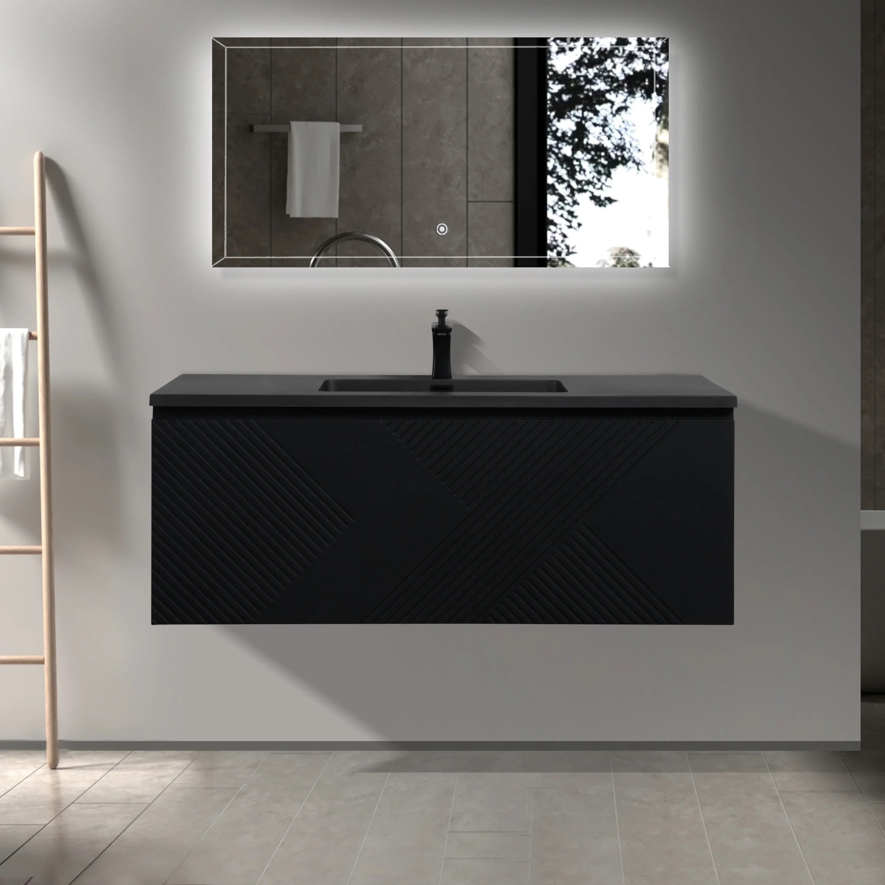 48" Black Wall Mount Bathroom Vanity with Black Engineered Quartz Countertop-Migration_Bathroom Vanities-DECOROLALA