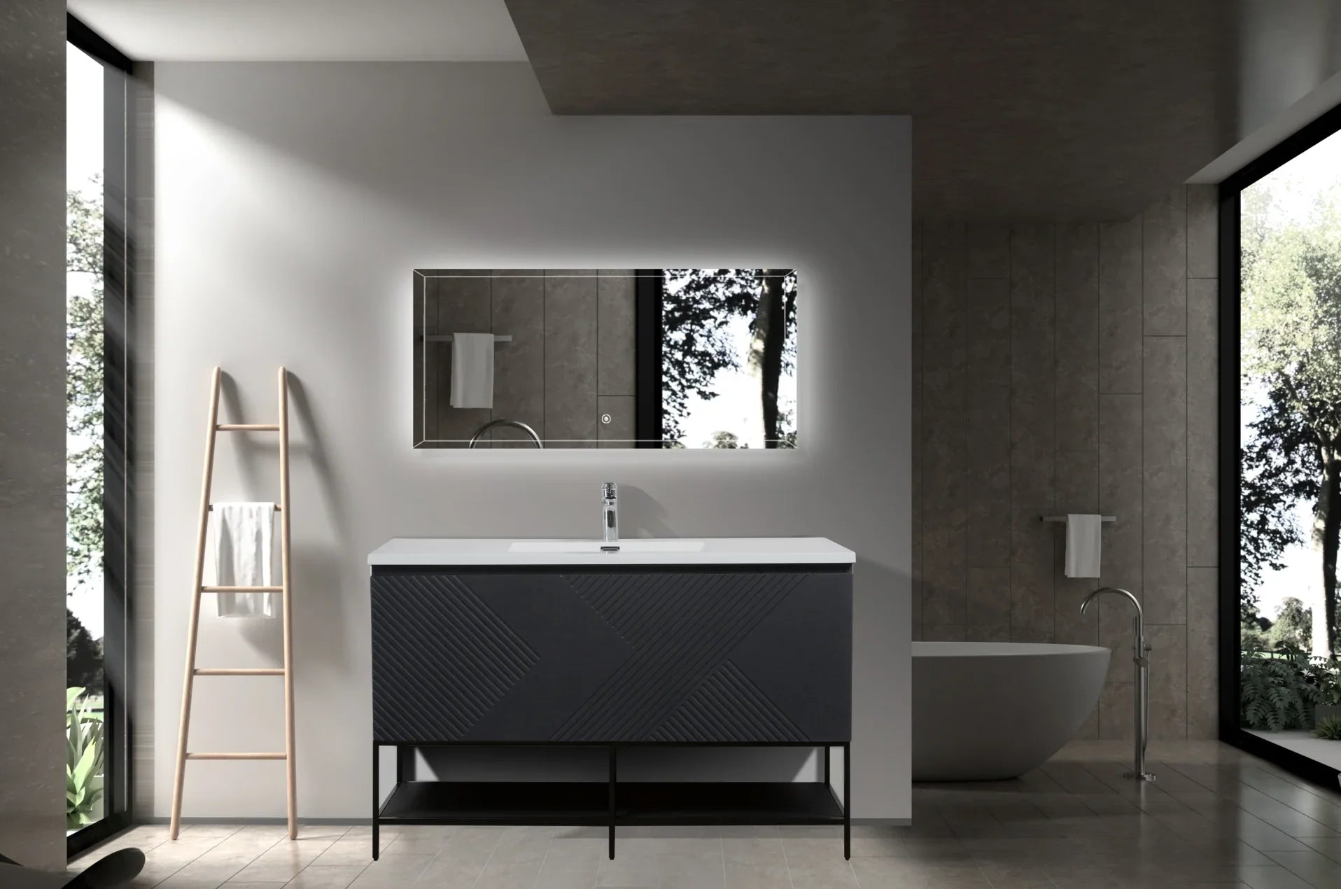 48" Black Wall Mount Bathroom Vanity with White Polymarble Countertop-Migration_Bathroom Vanities-DECOROLALA