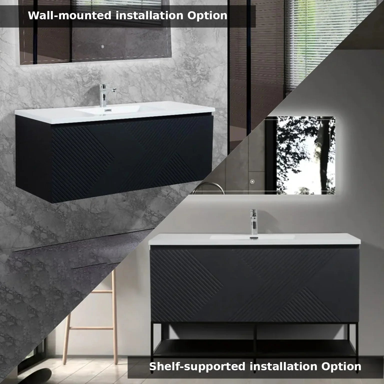 48" Black Wall Mount Bathroom Vanity with White Polymarble Countertop-Migration_Bathroom Vanities-DECOROLALA