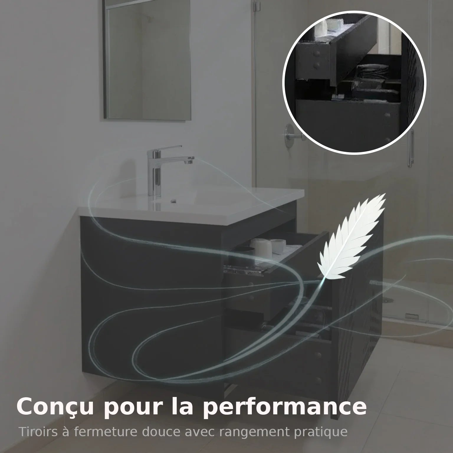 48" Black Wall Mount Bathroom Vanity with White Polymarble Countertop-Migration_Bathroom Vanities-DECOROLALA