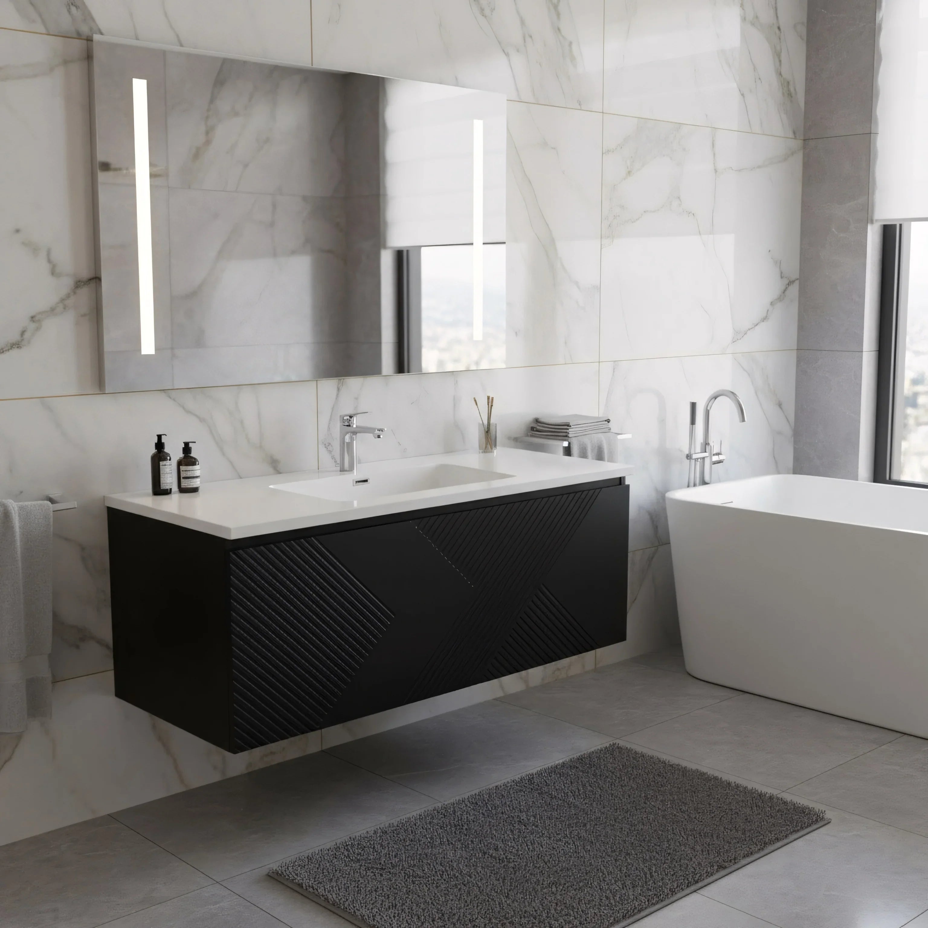 48" Black Wall Mount Bathroom Vanity with White Polymarble Countertop-Migration_Bathroom Vanities-DECOROLALA