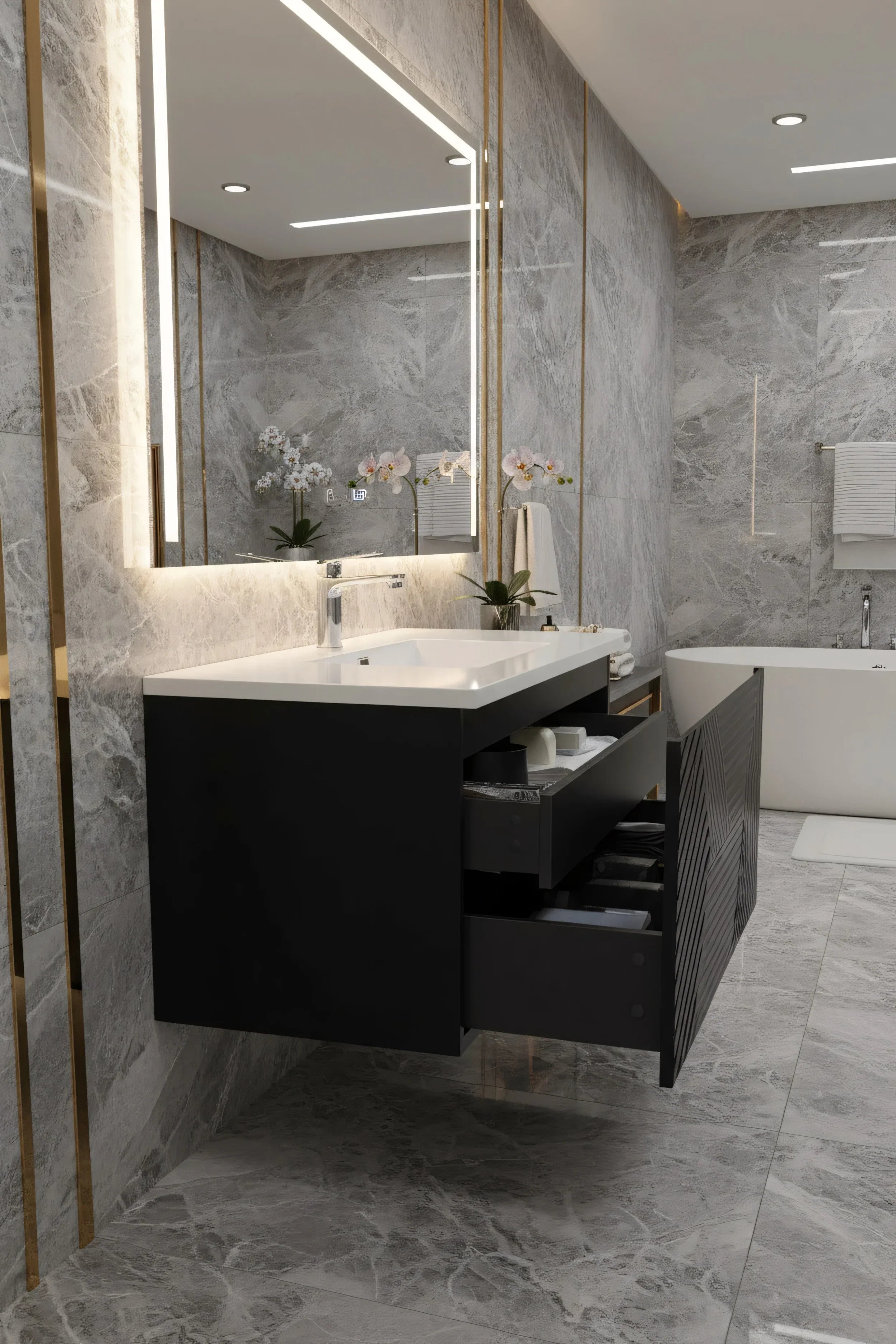 48" Black Wall Mount Bathroom Vanity with White Polymarble Countertop-Migration_Bathroom Vanities-DECOROLALA