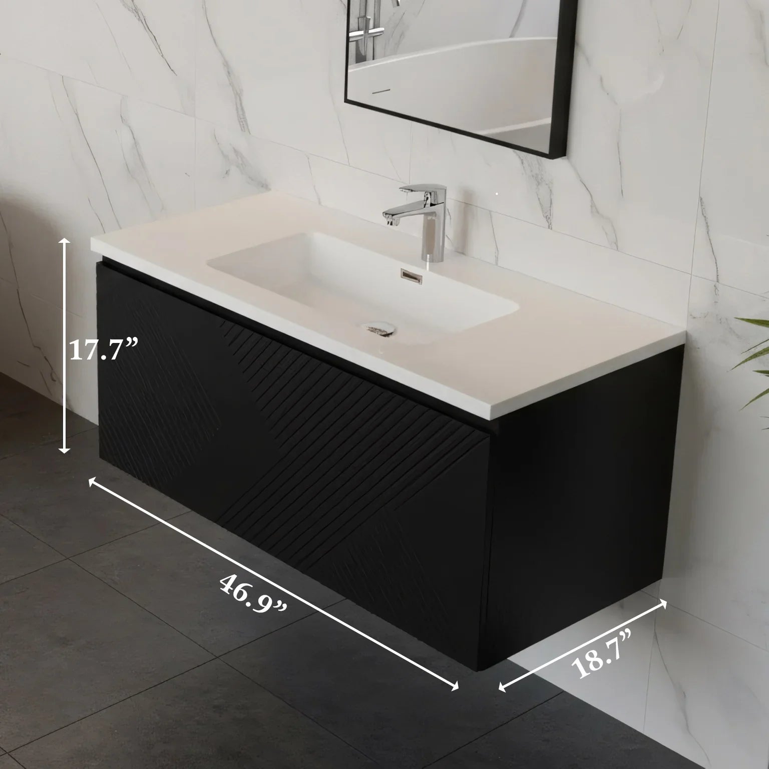 48" Black Wall Mount Bathroom Vanity with White Polymarble Countertop-Migration_Bathroom Vanities-DECOROLALA