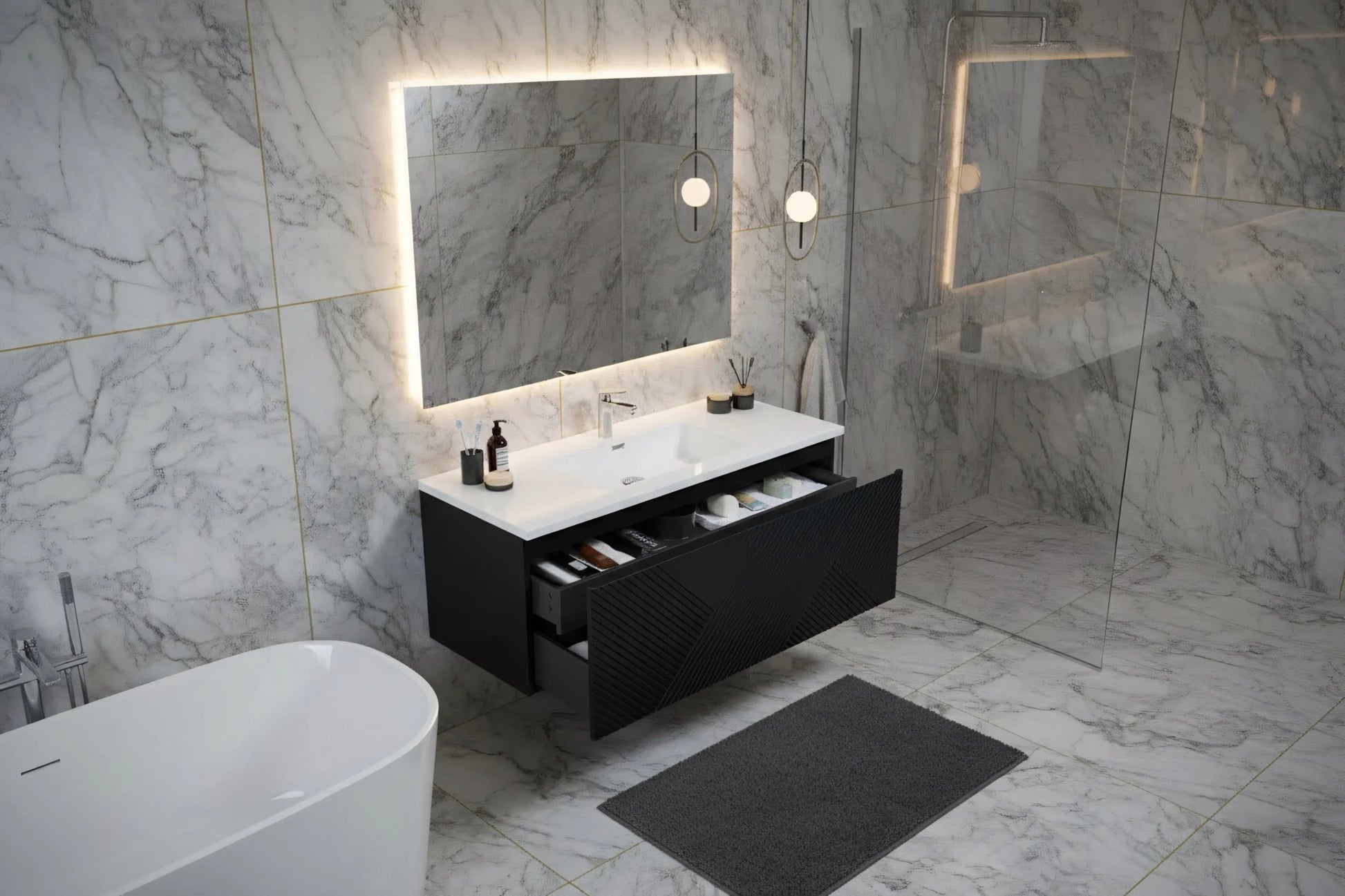 48" Black Wall Mount Bathroom Vanity with White Polymarble Countertop-Migration_Bathroom Vanities-DECOROLALA