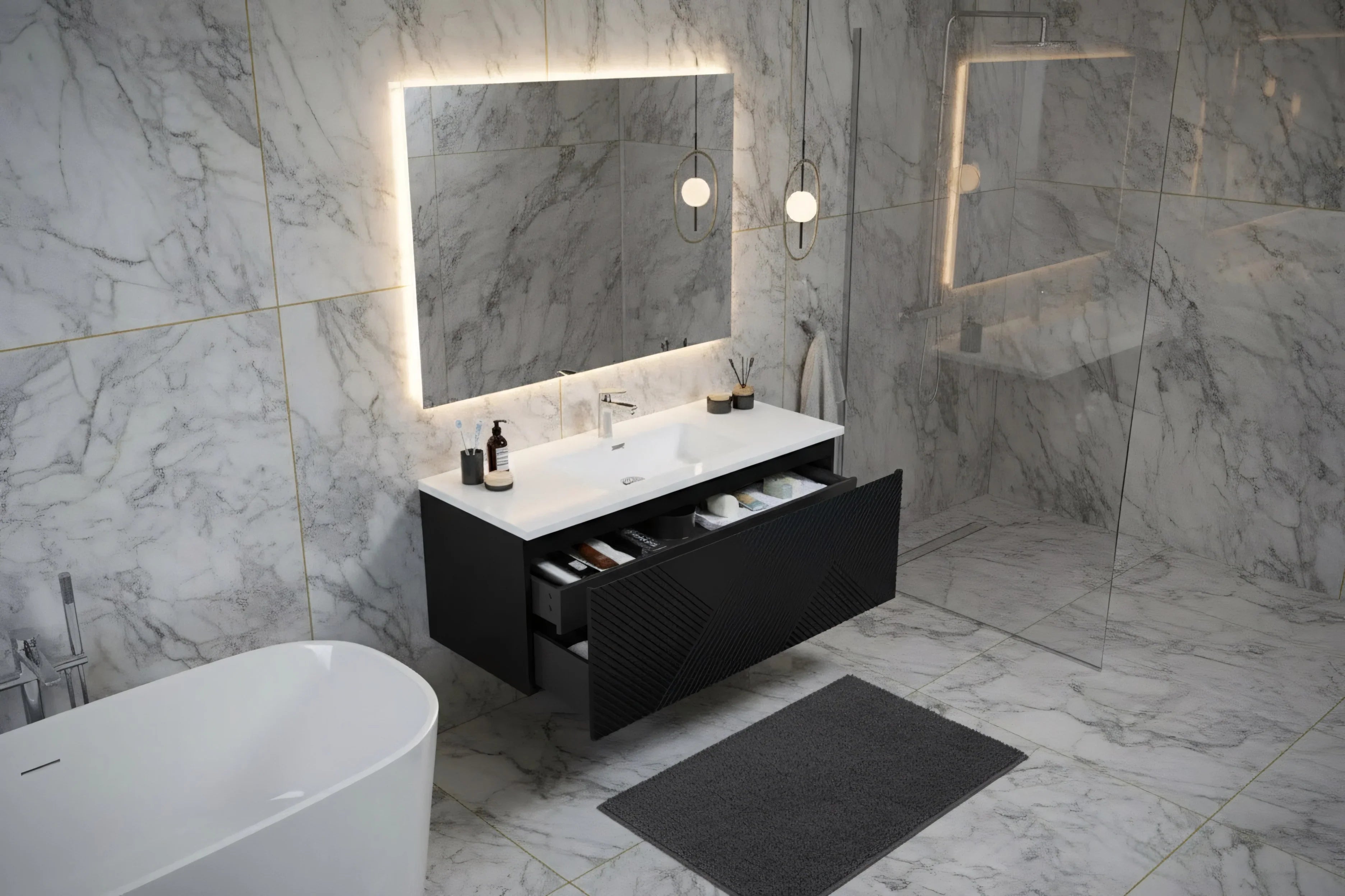 48" Black Wall Mount Bathroom Vanity with White Polymarble Countertop-Migration_Bathroom Vanities-DECOROLALA